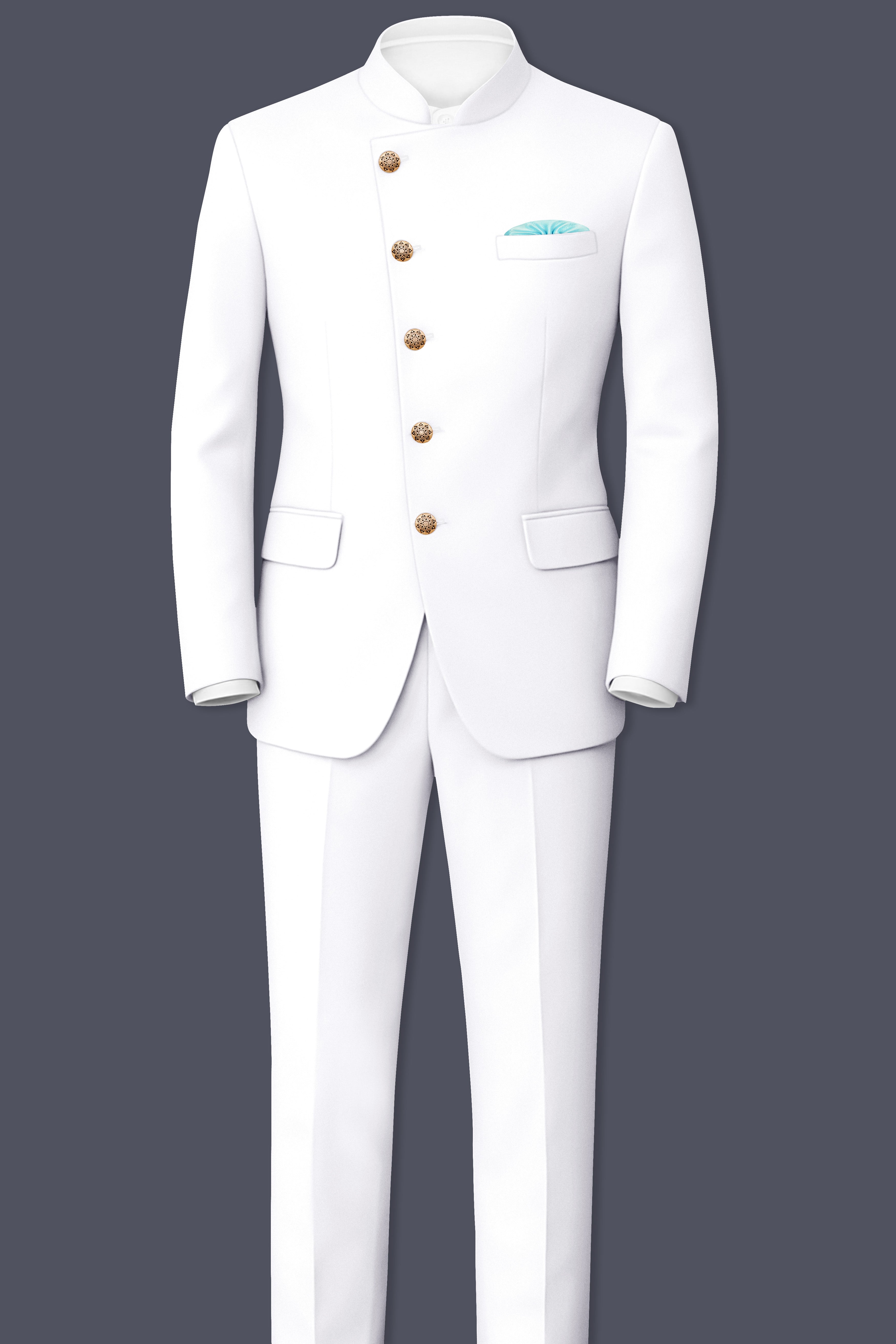 Shiro-Japanese Bright White 4-Way Stretch Wrinkle-Free Wool Rich Cross Placket Bandhgala Suit