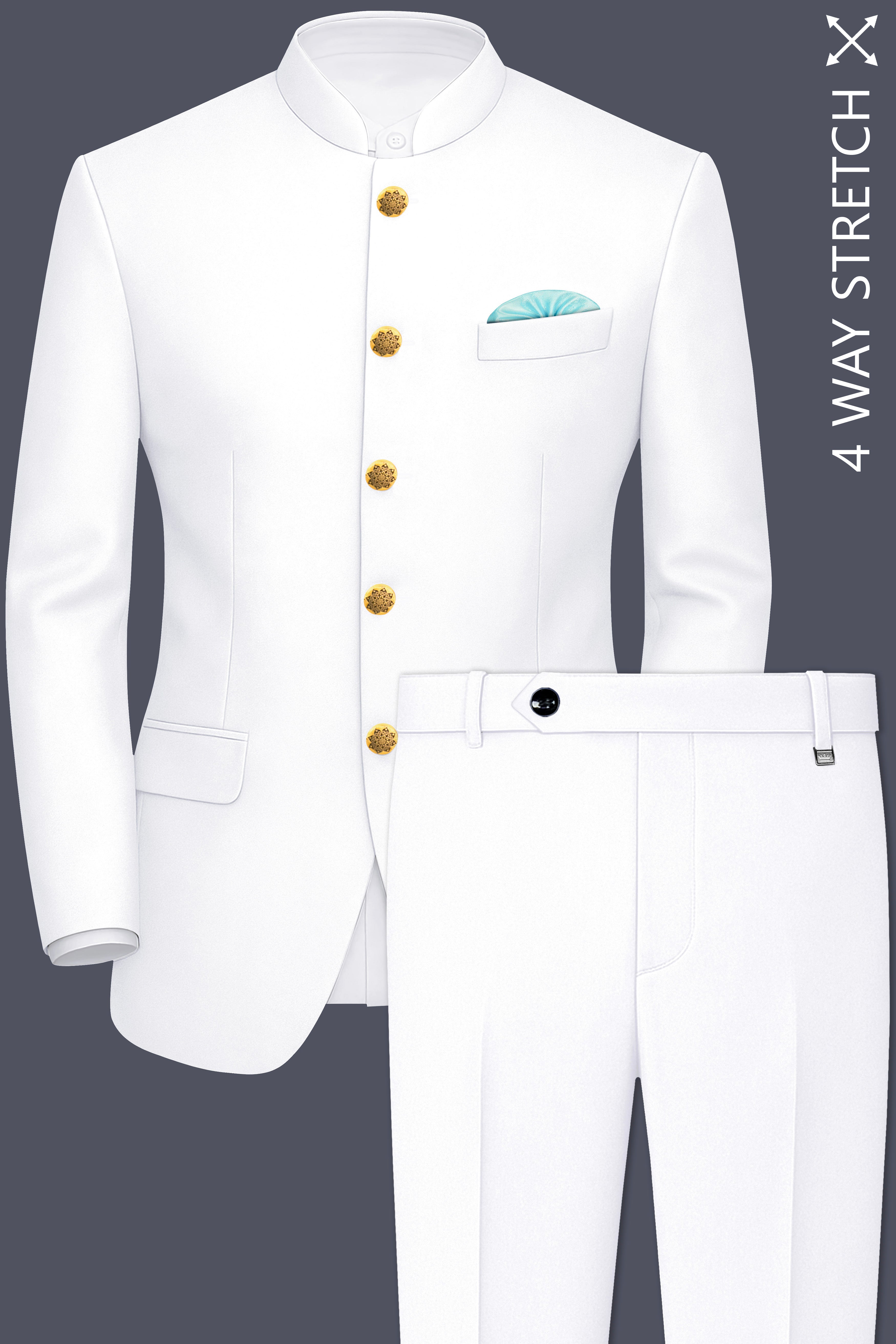 Shiro-Japanese Bright White 4-Way Stretch Wrinkle-Free Wool Rich Bandhgala Suit