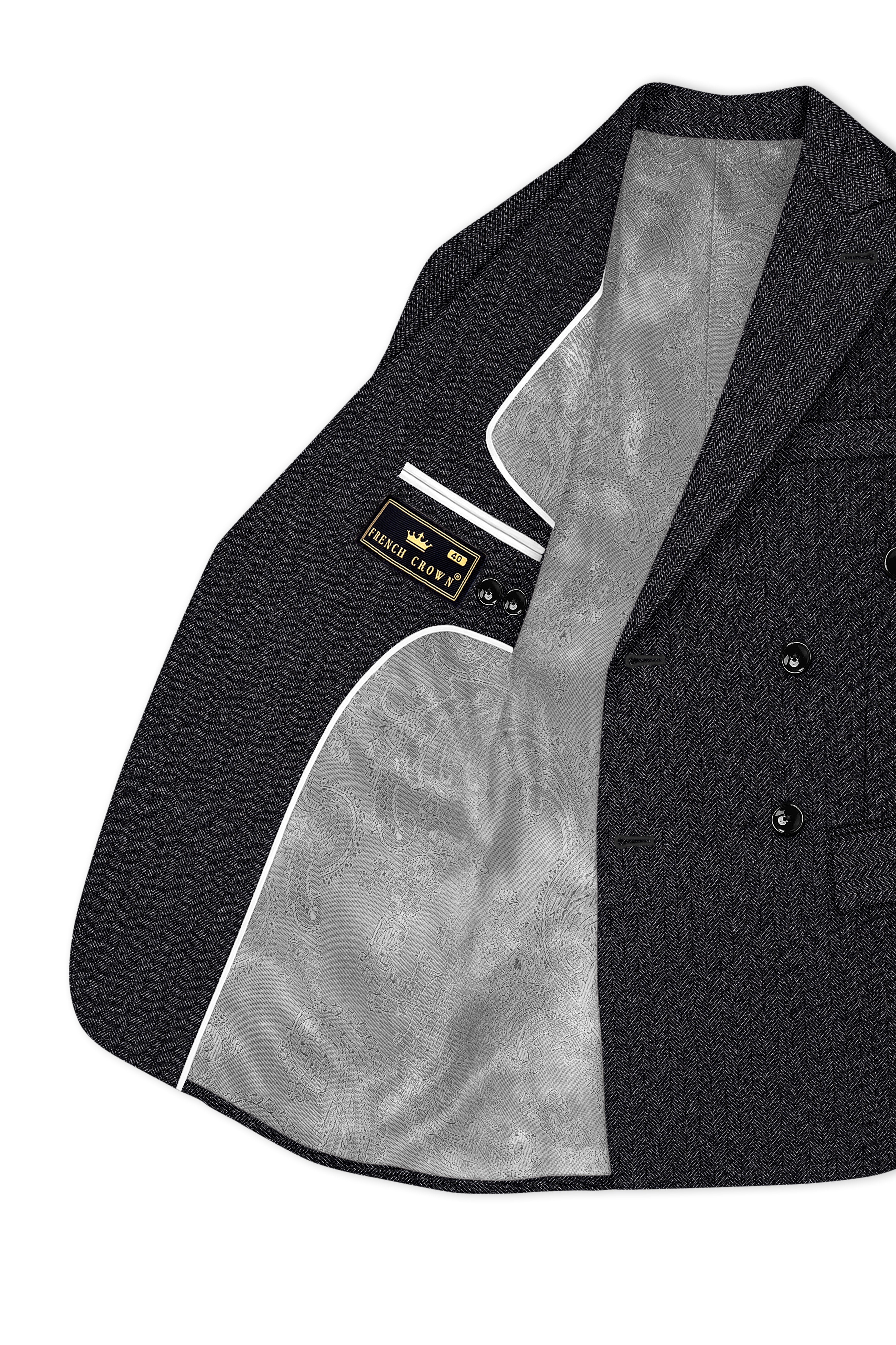 Imperion-Charcoal Gray Herringbone Textured Tweed Double Breasted Suit