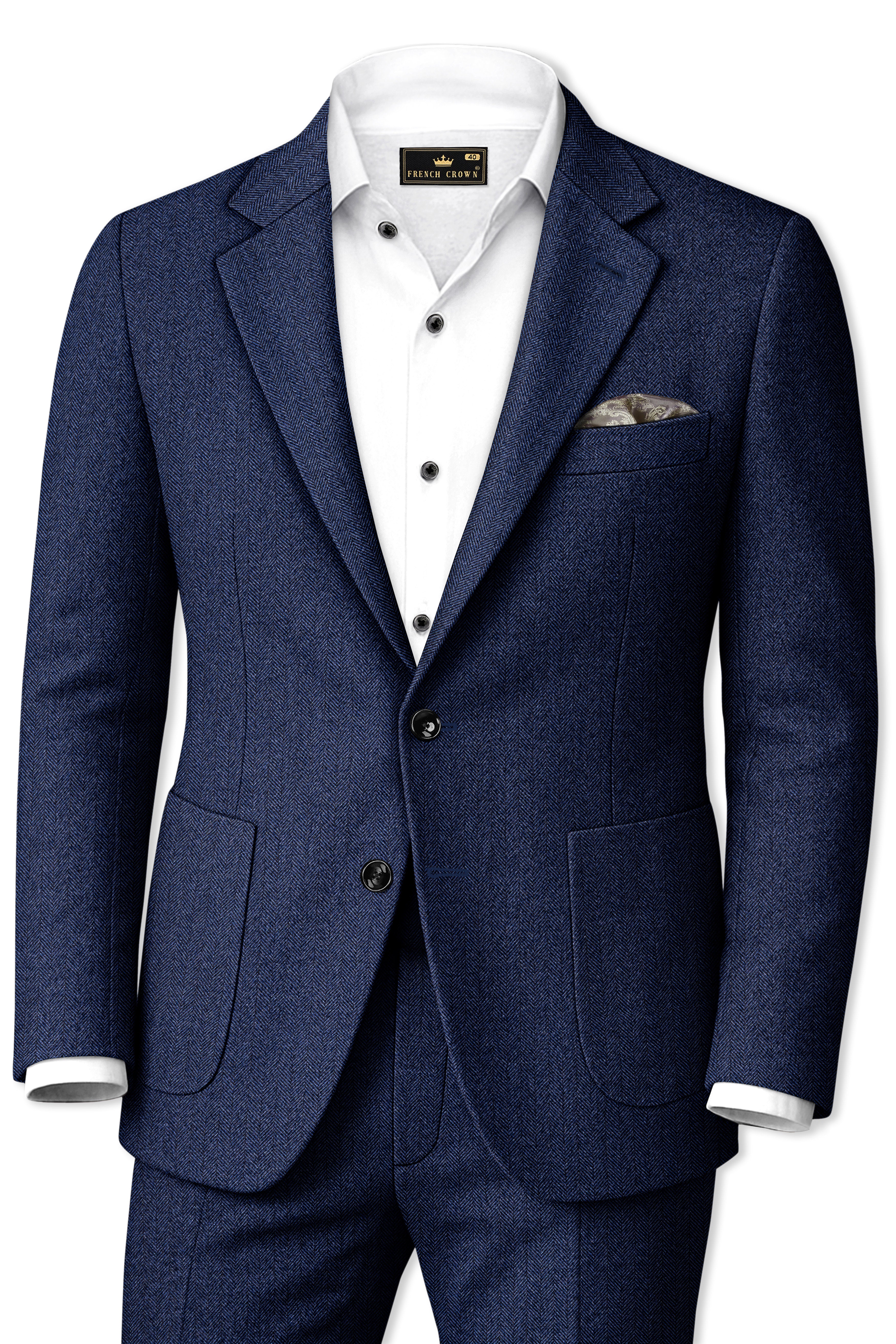 Aurevu-Vulcan Blue Herringbone Textured Tweed Single Breasted Sports Suit