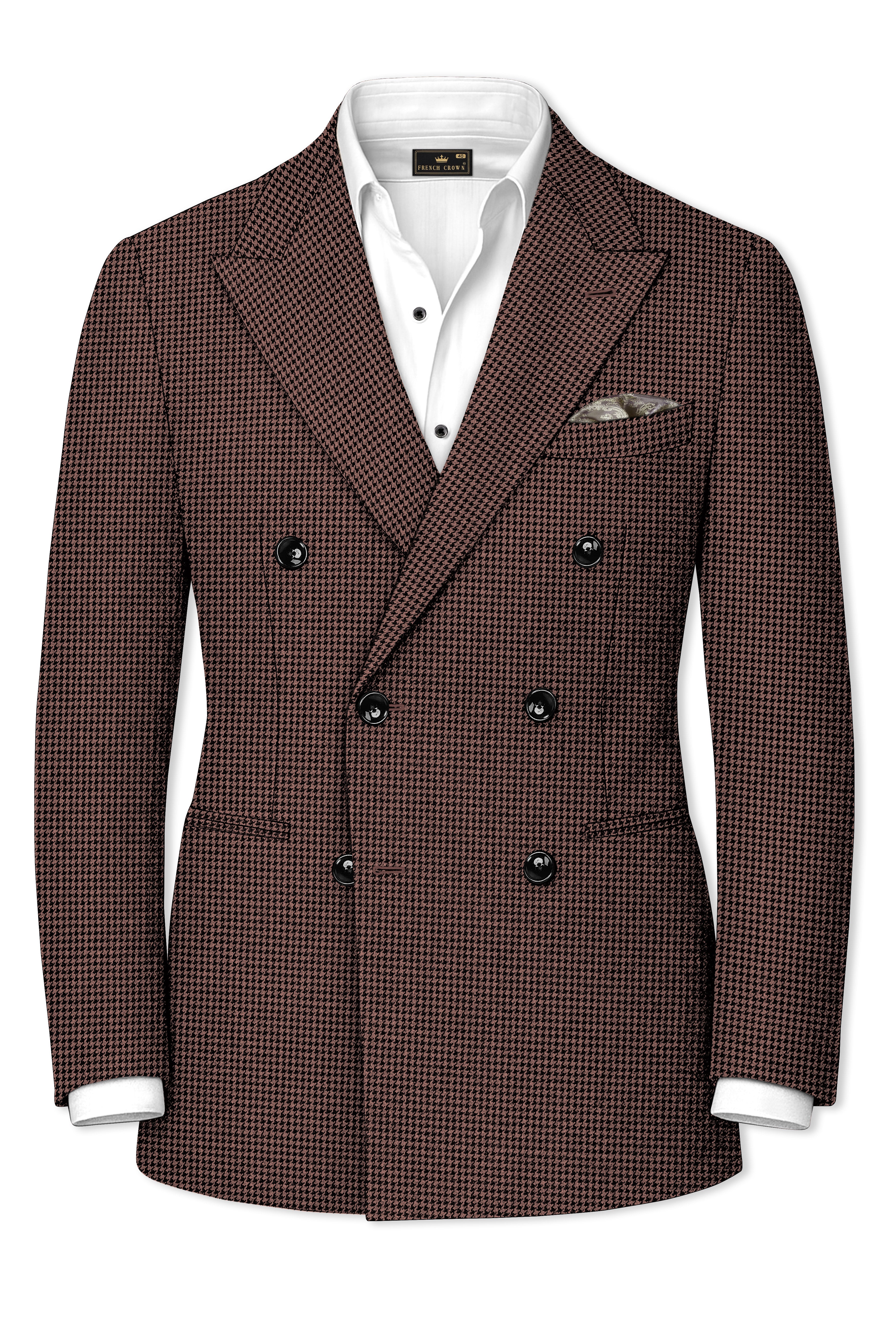 Sylvan-Woody Brown Classic Houndstooth Textured Tweed Double Breasted Suit