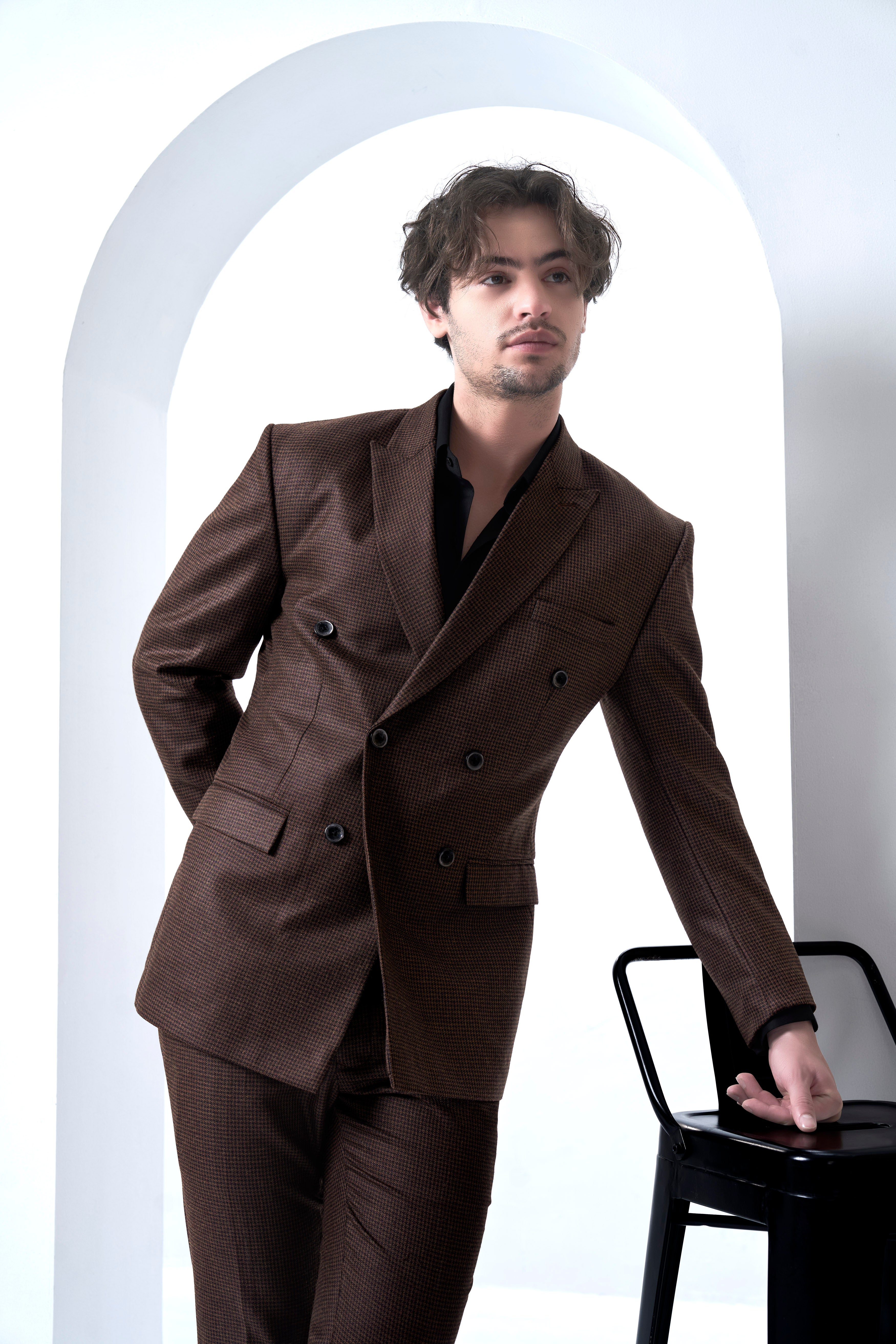 Sylvan-Woody Brown Classic Houndstooth Textured Tweed Double Breasted Suit