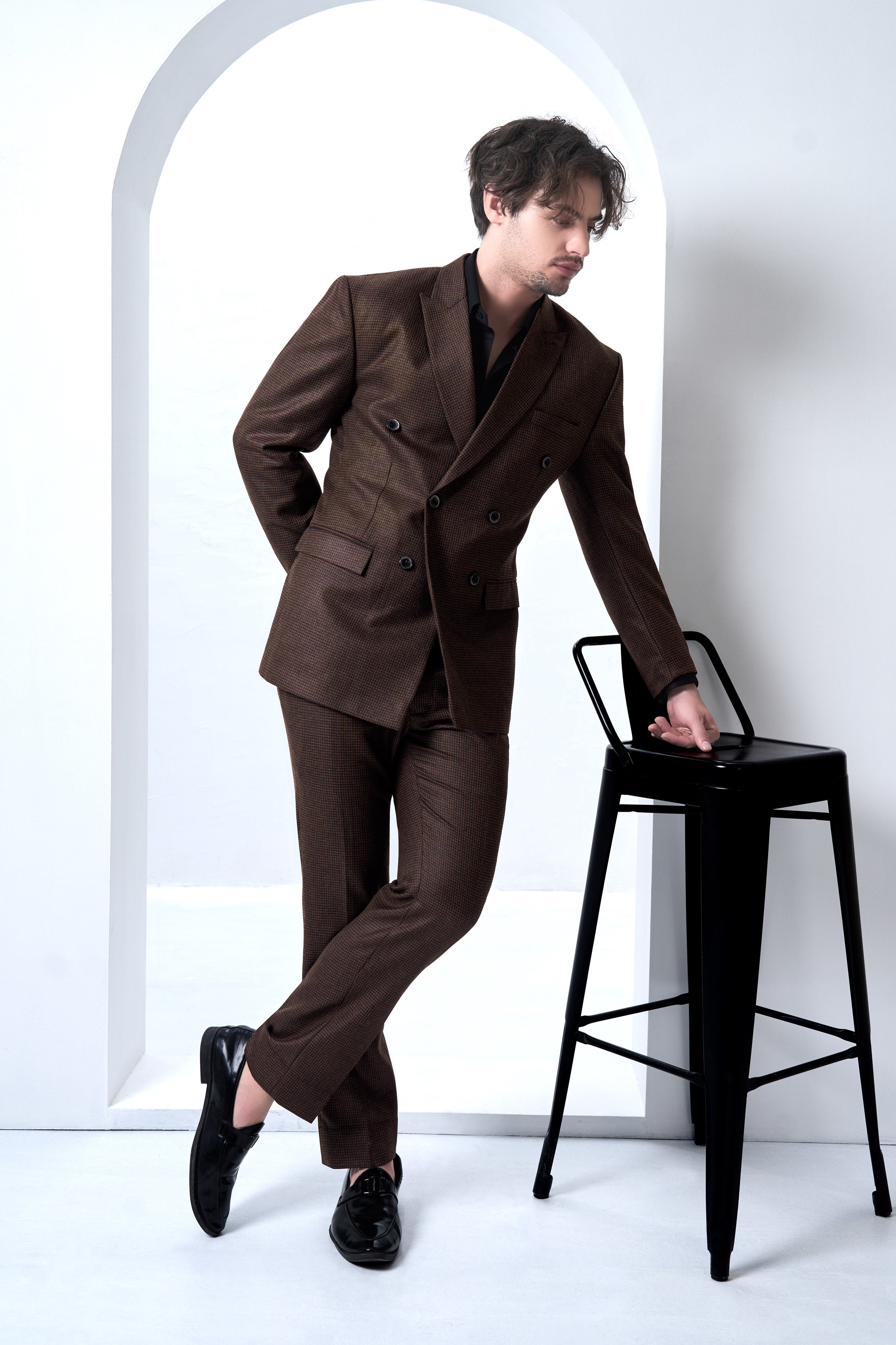 Sylvan-Woody Brown Classic Houndstooth Textured Tweed Double Breasted Suit