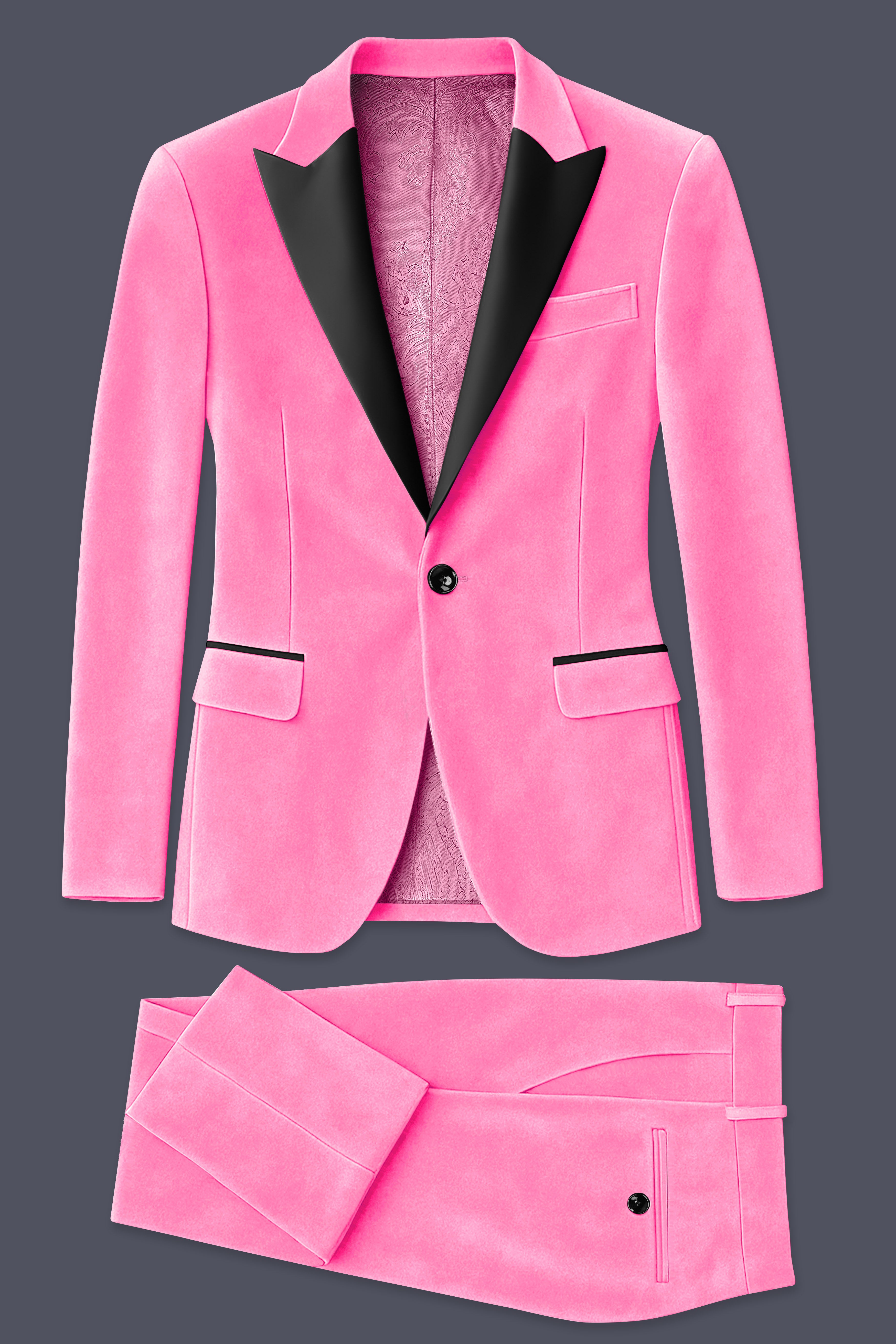 Regalis-Carnation Pink Velvet Peak Lapel Tuxedo Suit