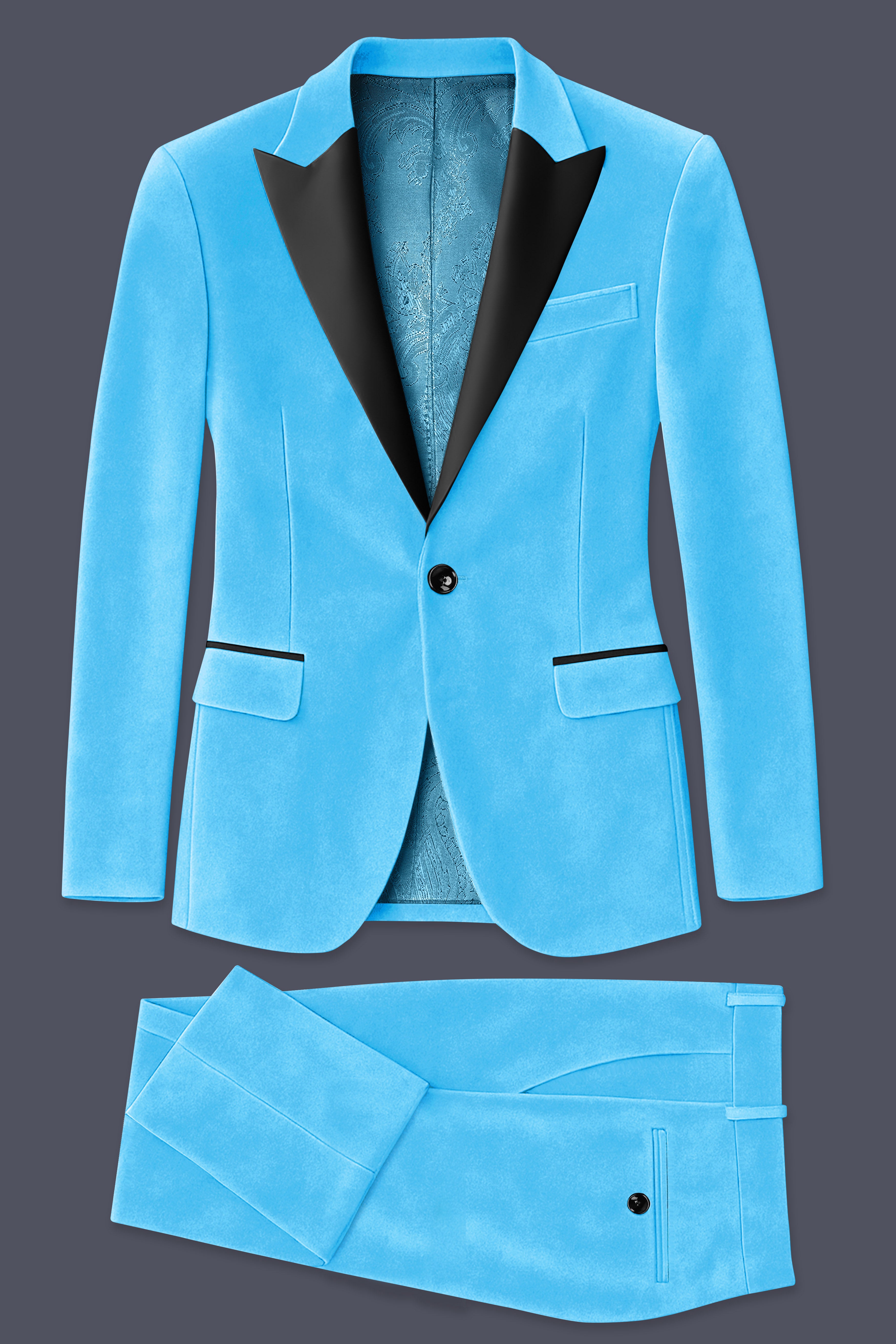 Azurion-Picton Blue Velvet Peak Lapel Tuxedo Suit