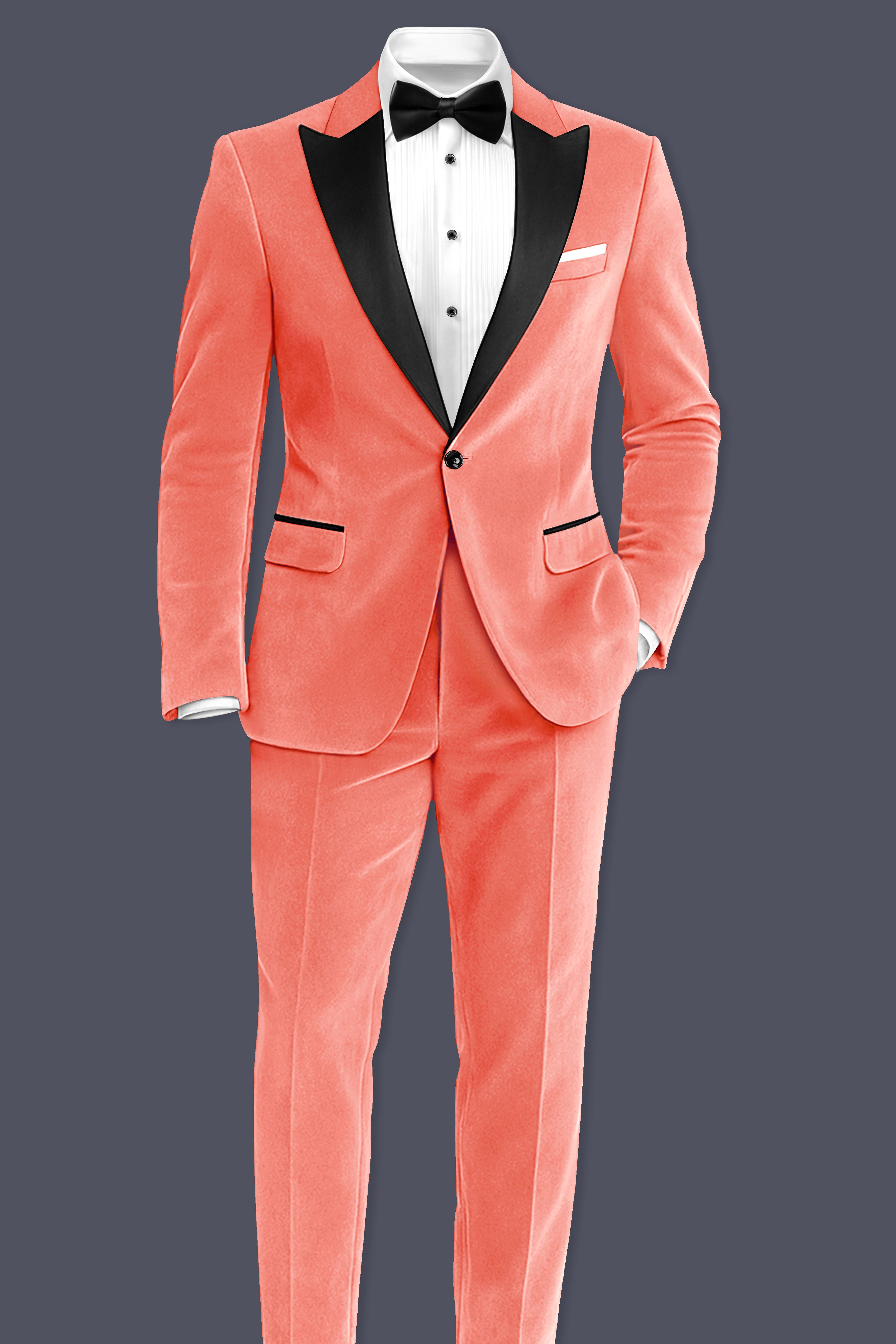Saffron-Bittersweet Orange Velvet Peak Lapel Tuxedo Suit