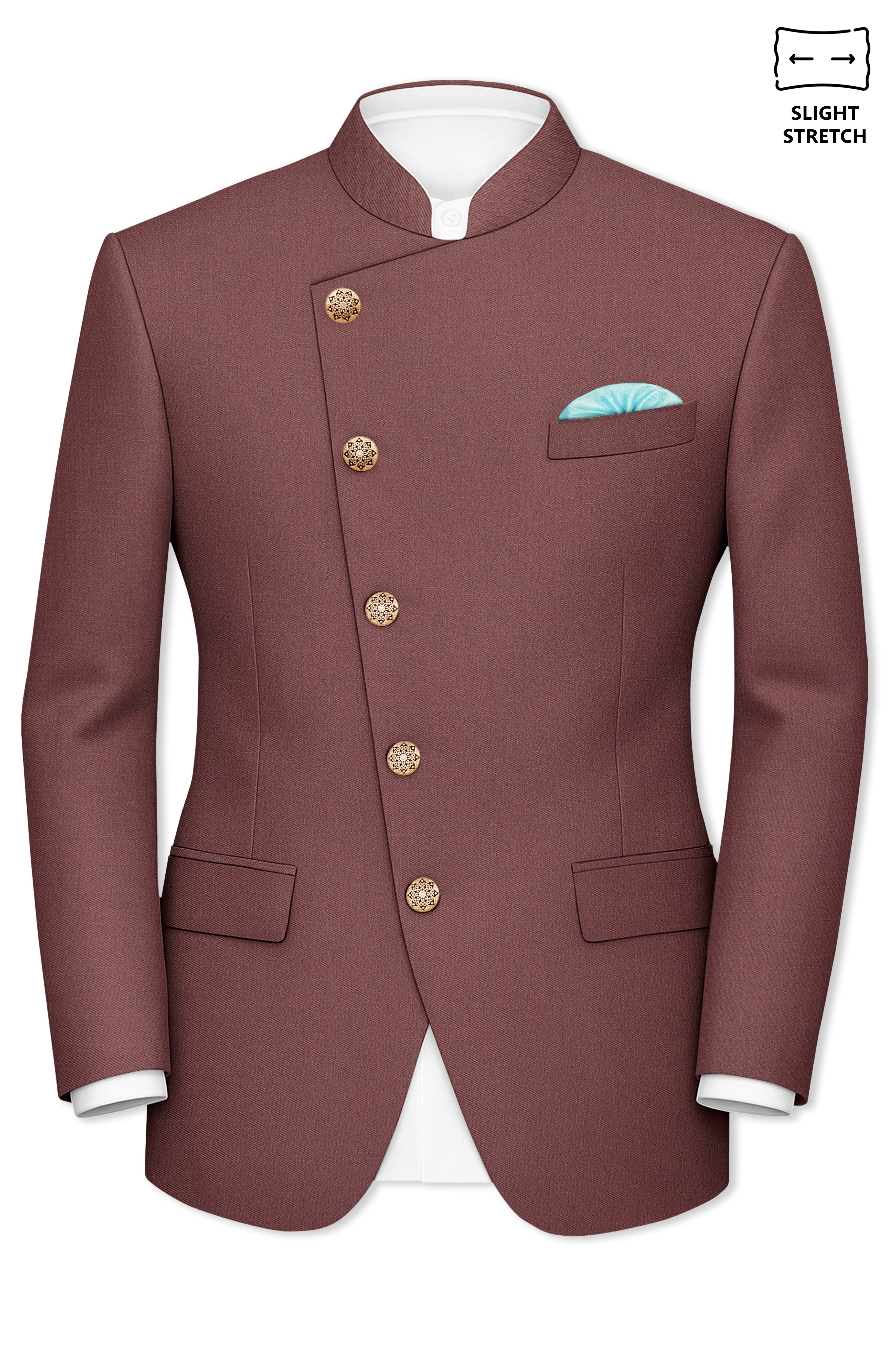 Heritage-Finch Maroon Wool Rich Cross Placket Bandhgala Slight Stretch Suit
