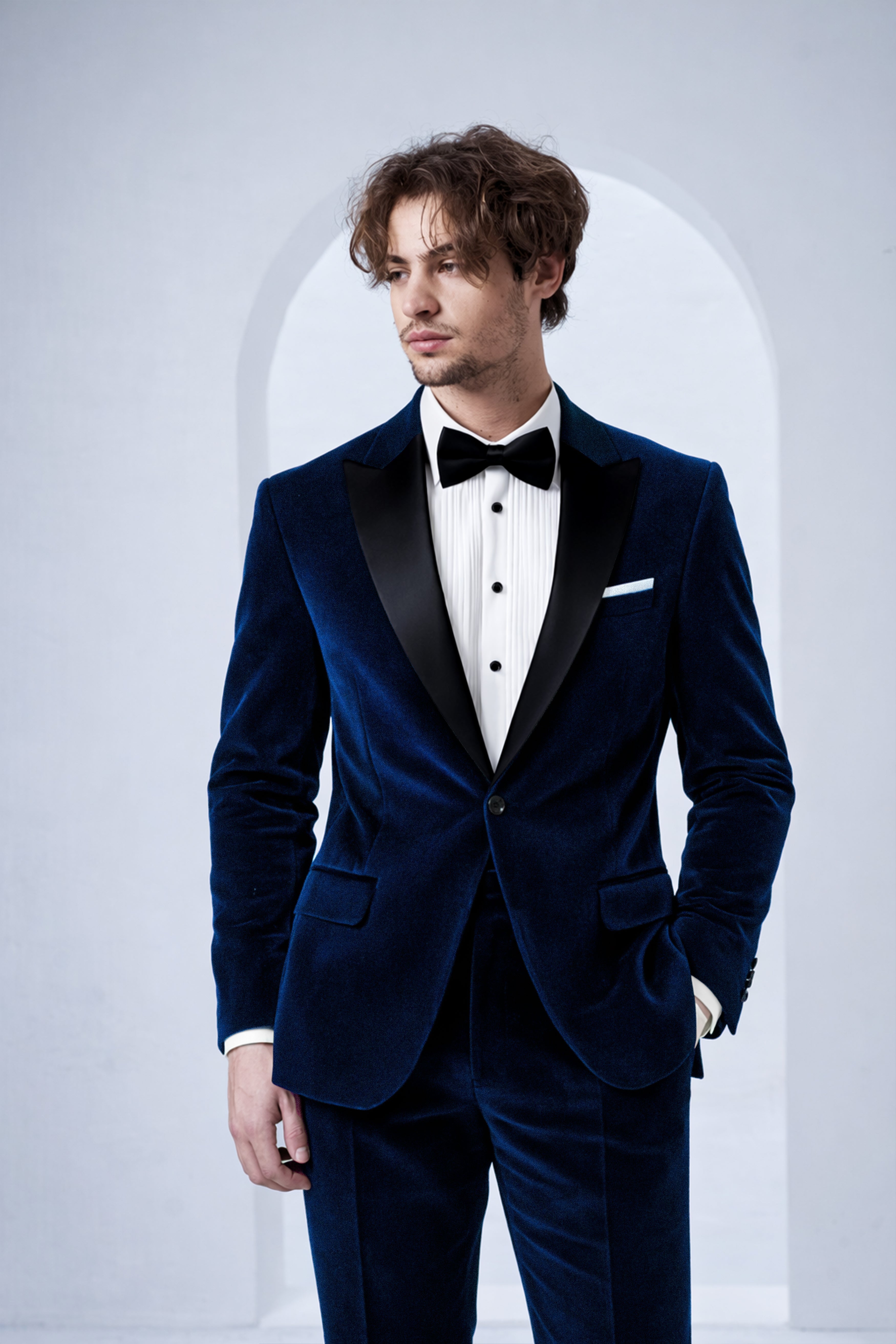 Ashen-Cinder Blue Velvet Peak Lapel Tuxedo Suit
