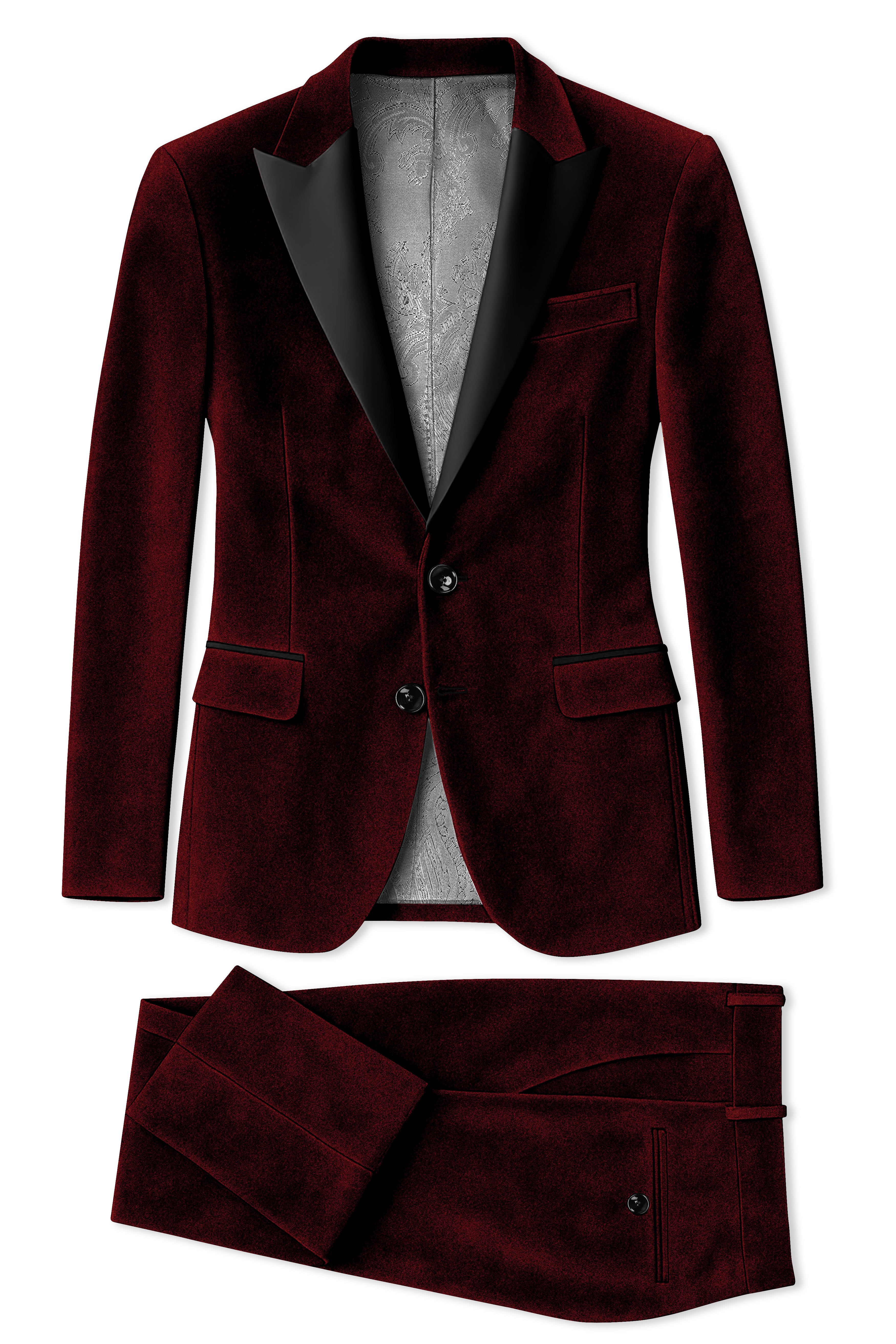 Crimson-Sepia Red Velvet Peak Lapel Tuxedo Suit