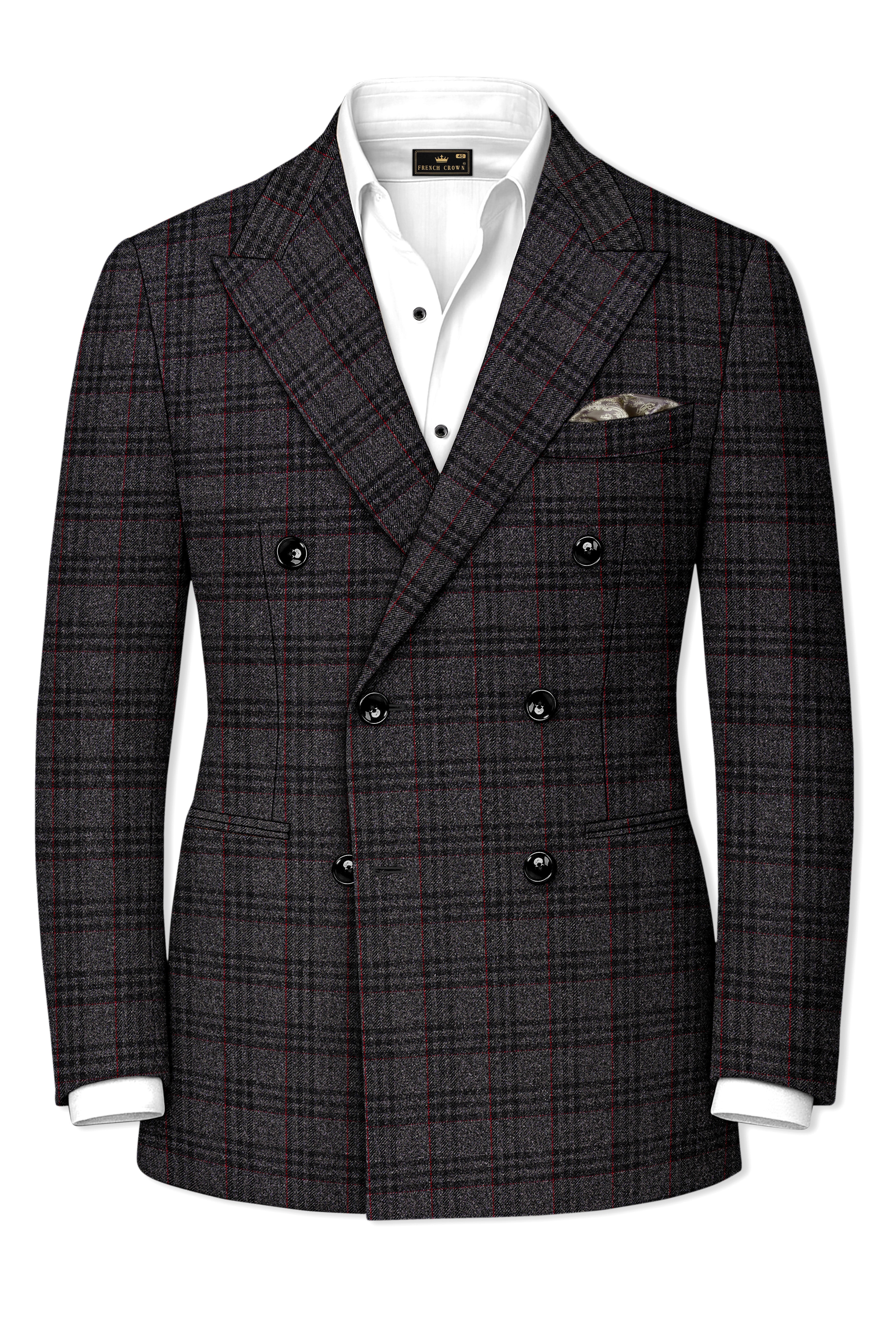 Velours-Ship Gray Plaid Tweed Double Breasted Suits