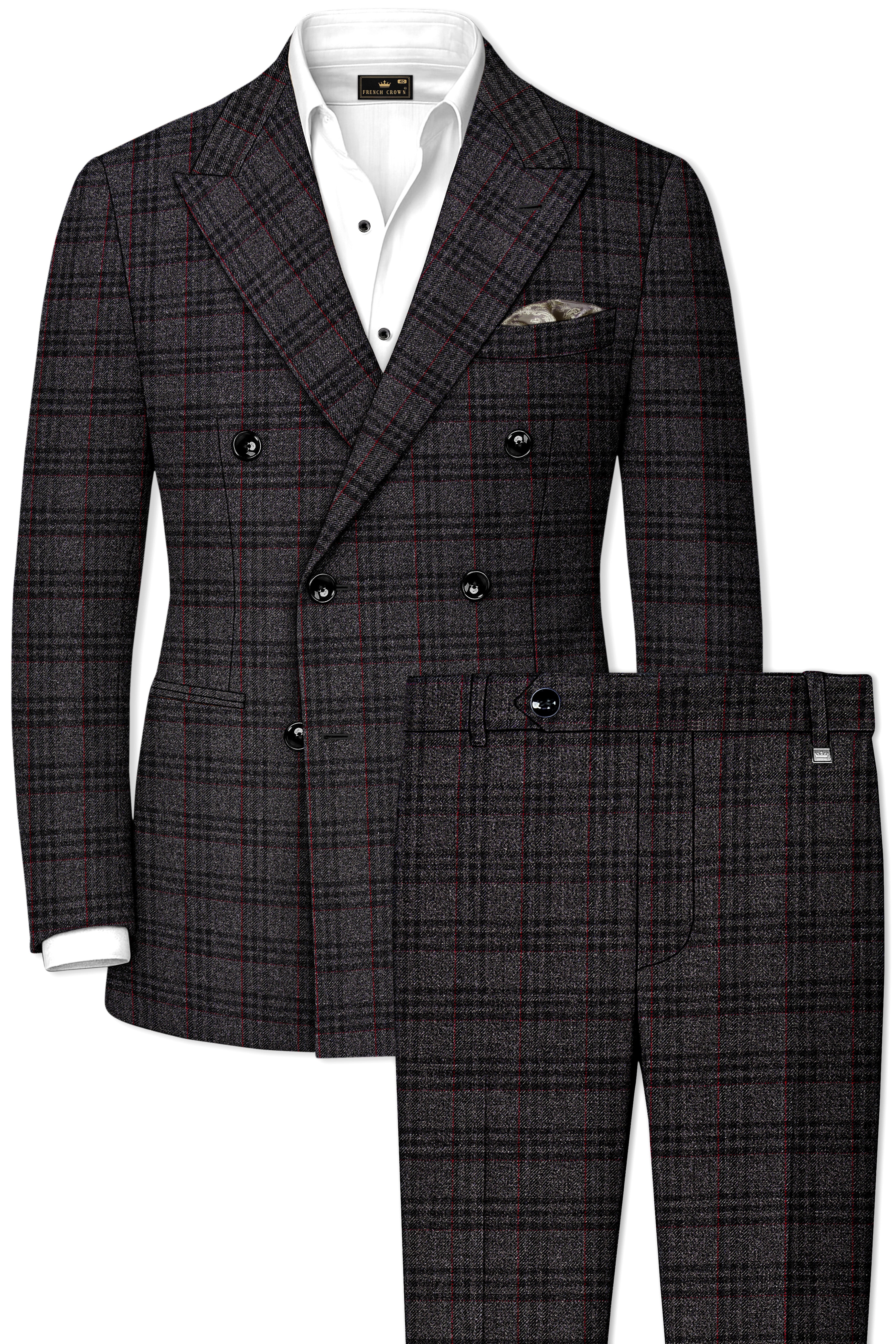 Velours-Ship Gray Plaid Tweed Double Breasted Suits