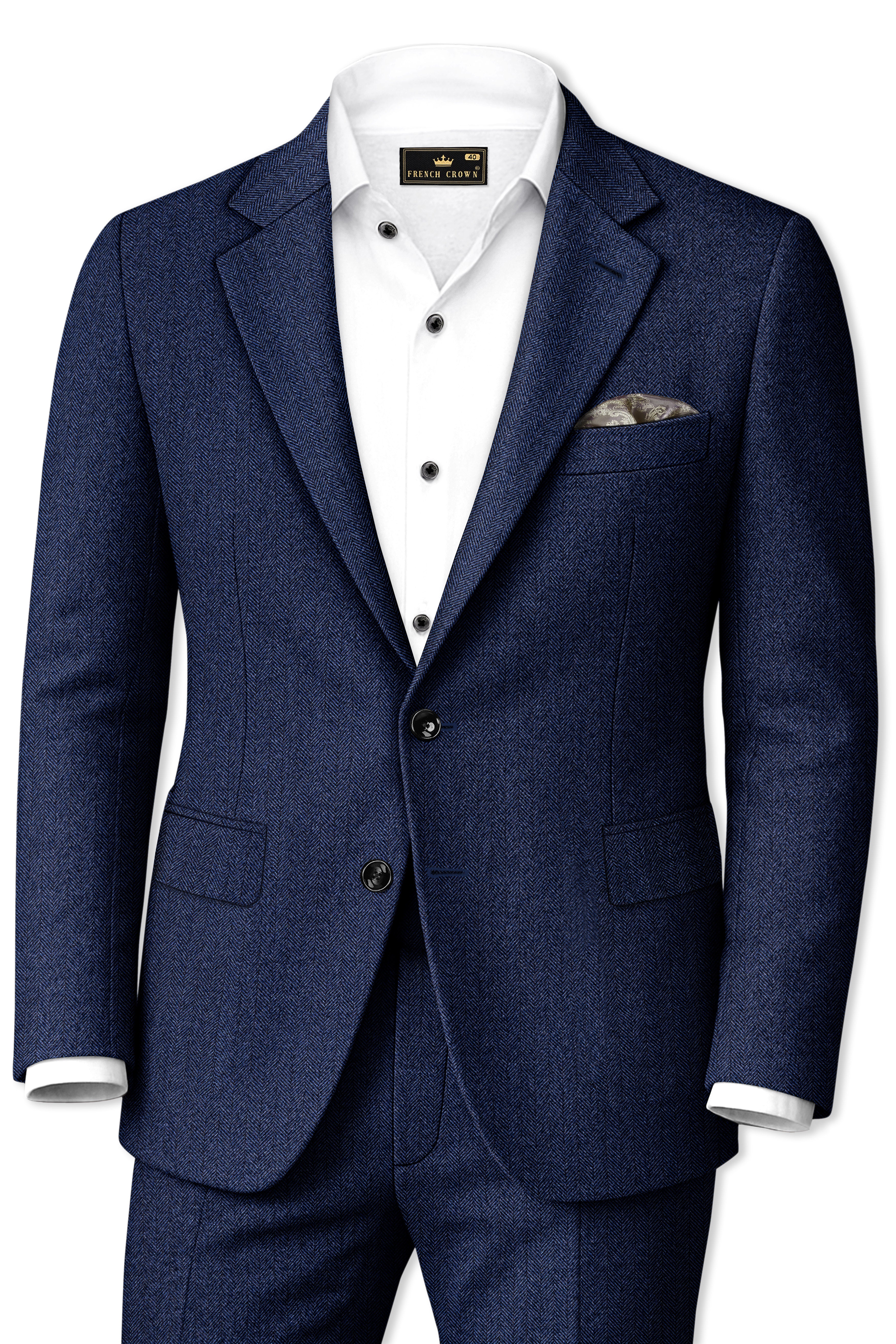 Aurevu-Vulcan Blue Herringbone Textured Tweed Single Breasted Suits