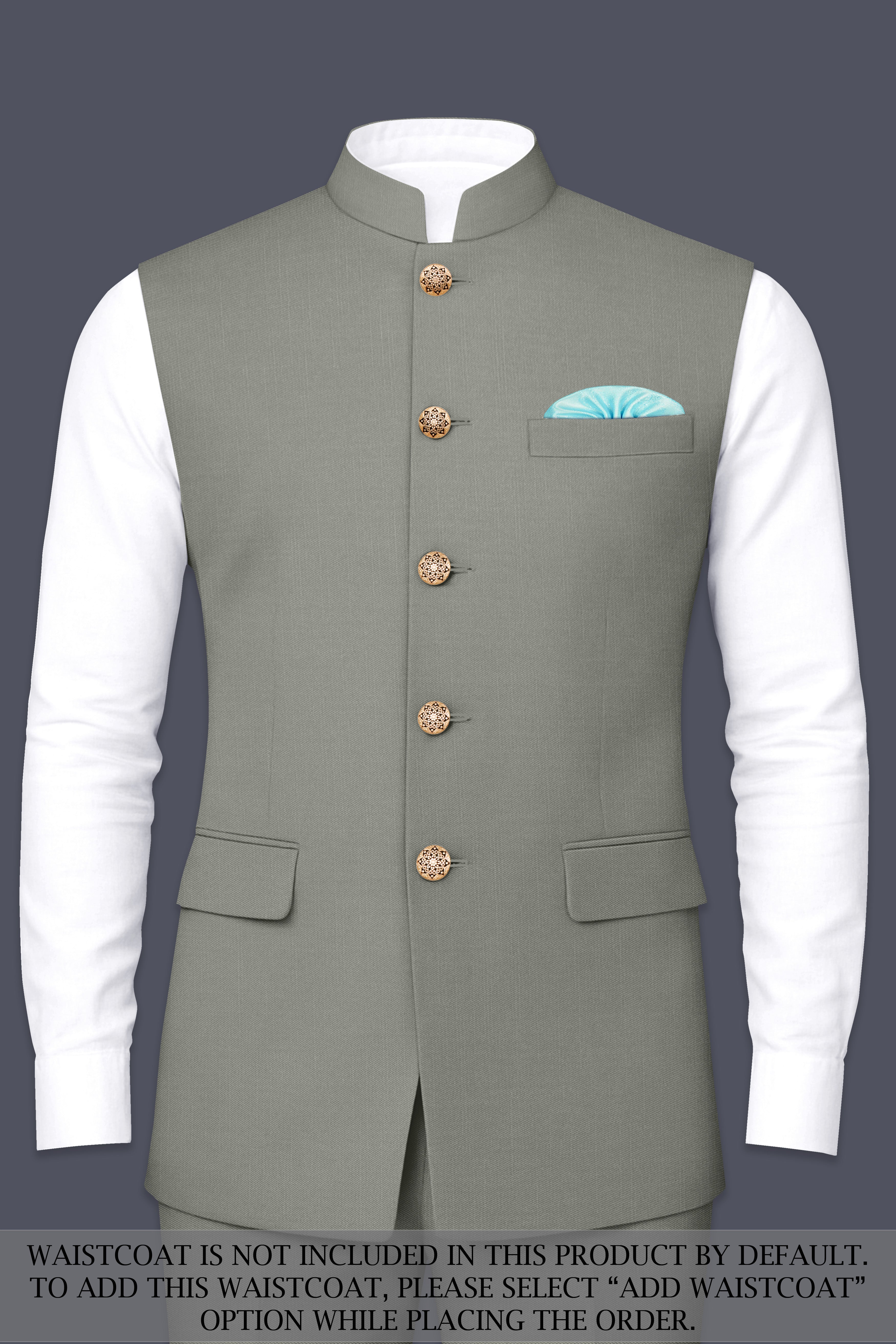 Verdure-Sage Green Wool Rich Cross Placket Bandhgala Slight Stretch Suits