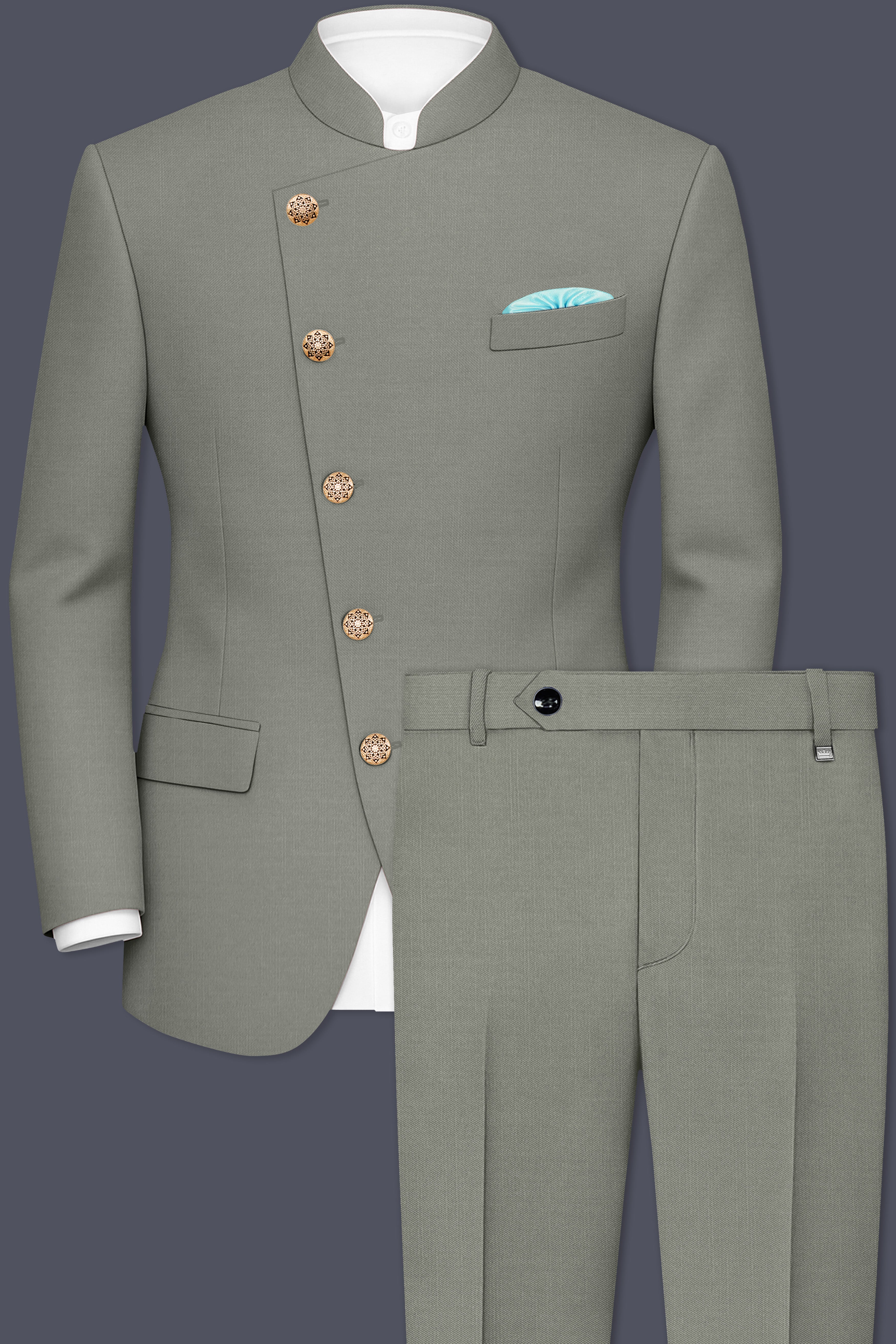 Verdure-Sage Green Wool Rich Cross Placket Bandhgala Slight Stretch Suits