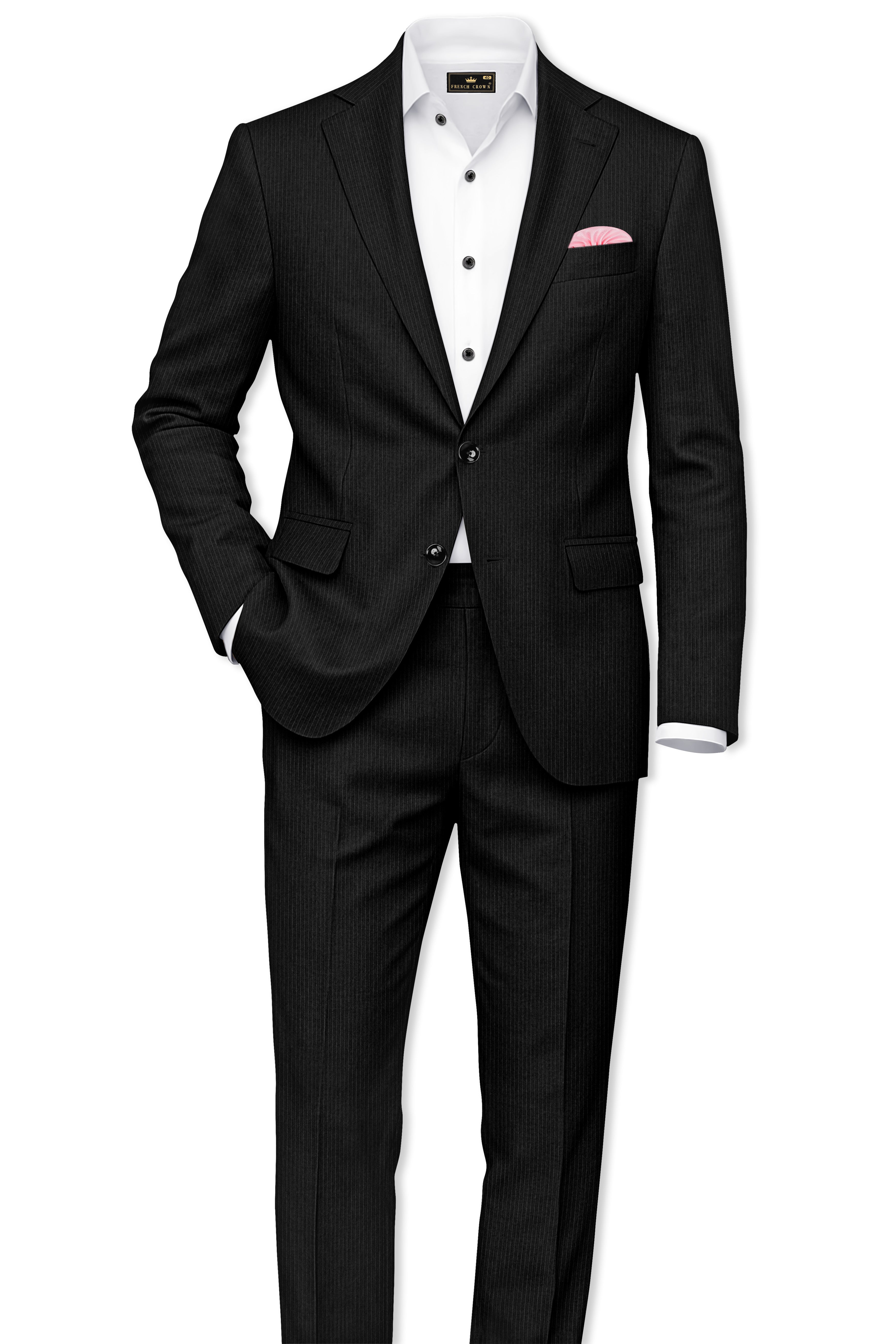 Aurejax-Jade Black Pencil Striped Wool Rich Slight Stretch Single Breasted Suit