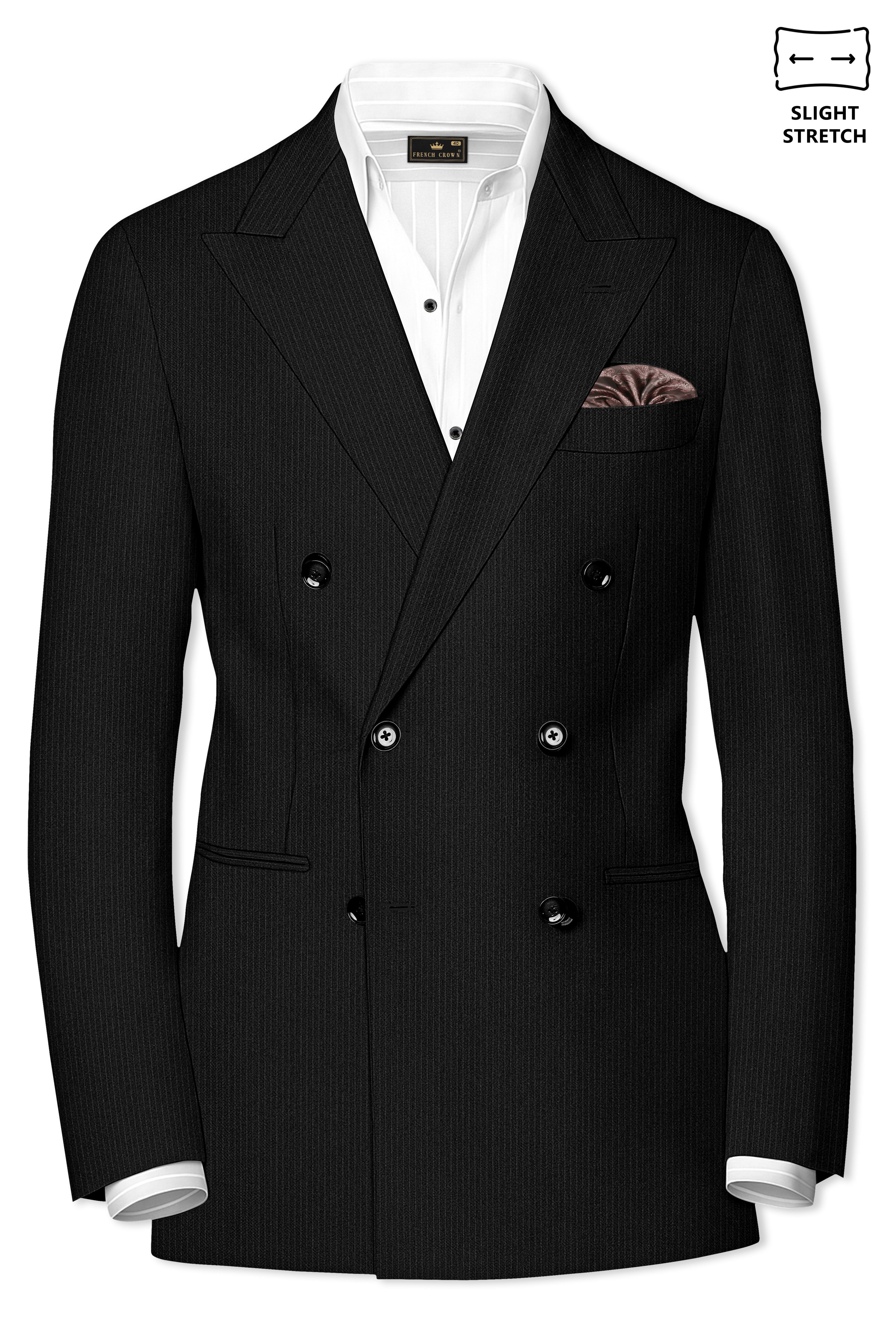 Aurejax-Jade Black Pencil Striped Wool Rich Slight Stretch Double Breasted Suit