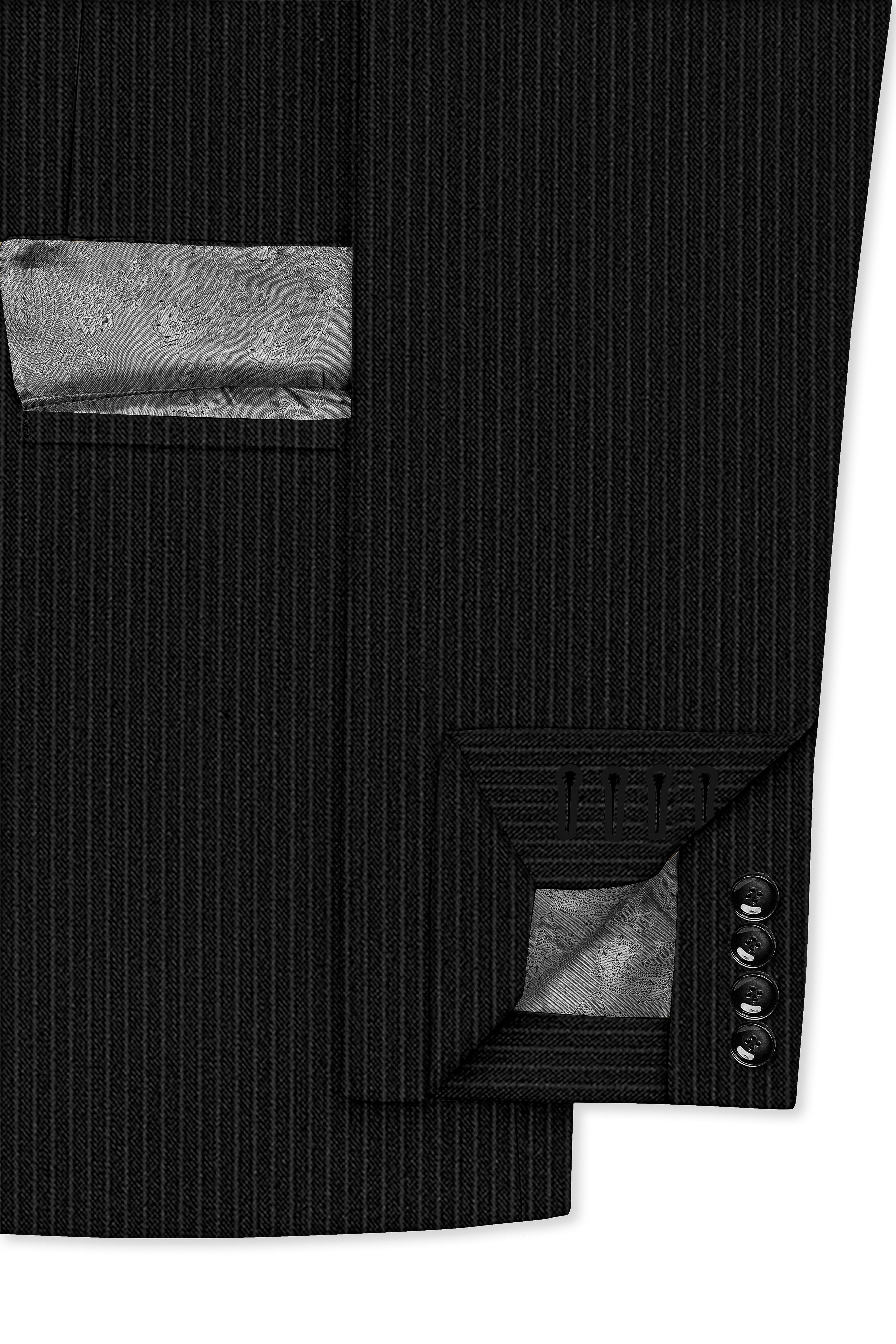 Aurejax-Jade Black Pencil Striped Wool Rich Slight Stretch Double Breasted Suit