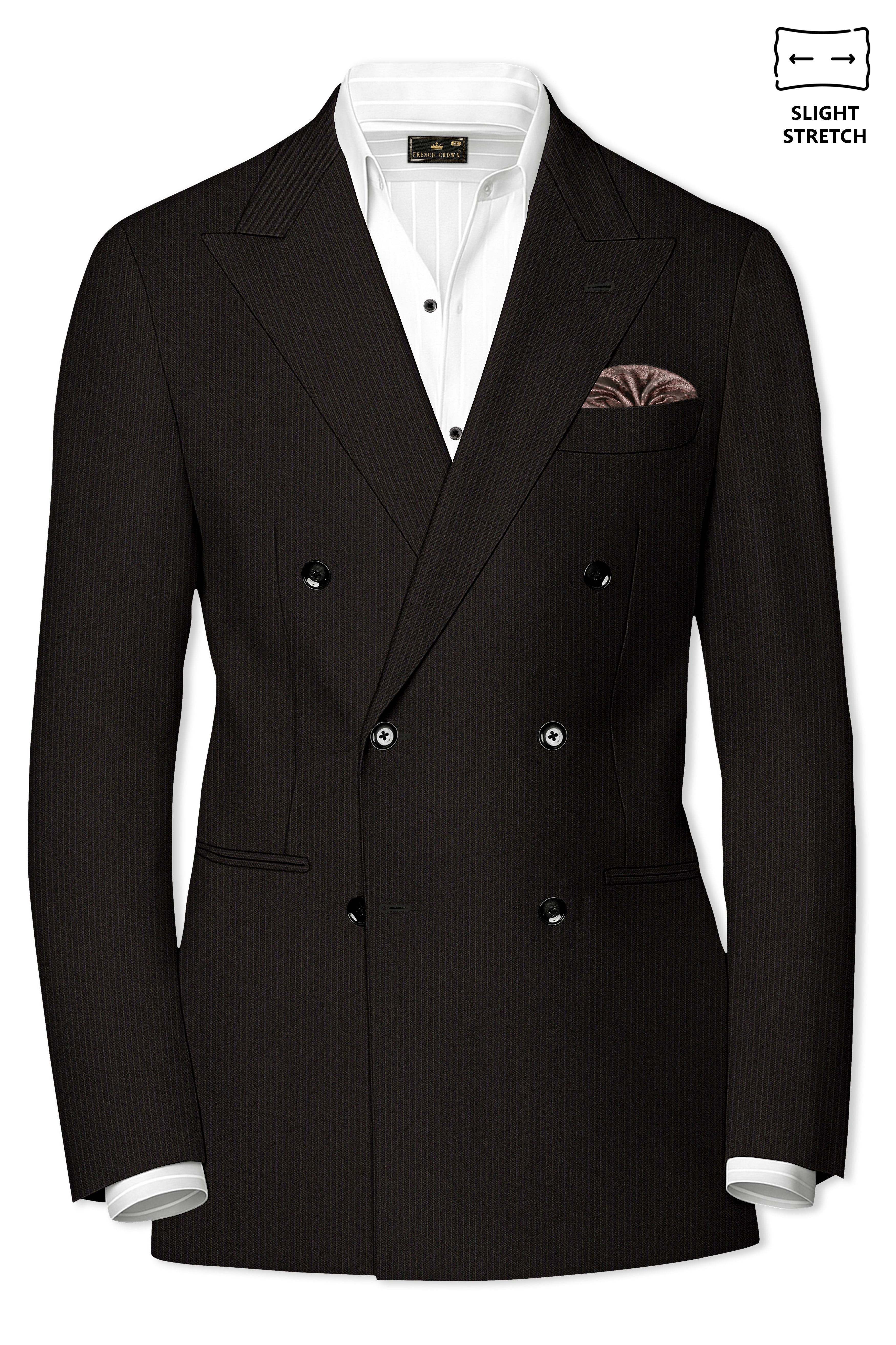 Imperio-Umber Brown Pencil Striped Wool Rich Slight Stretch Double Breasted Suit