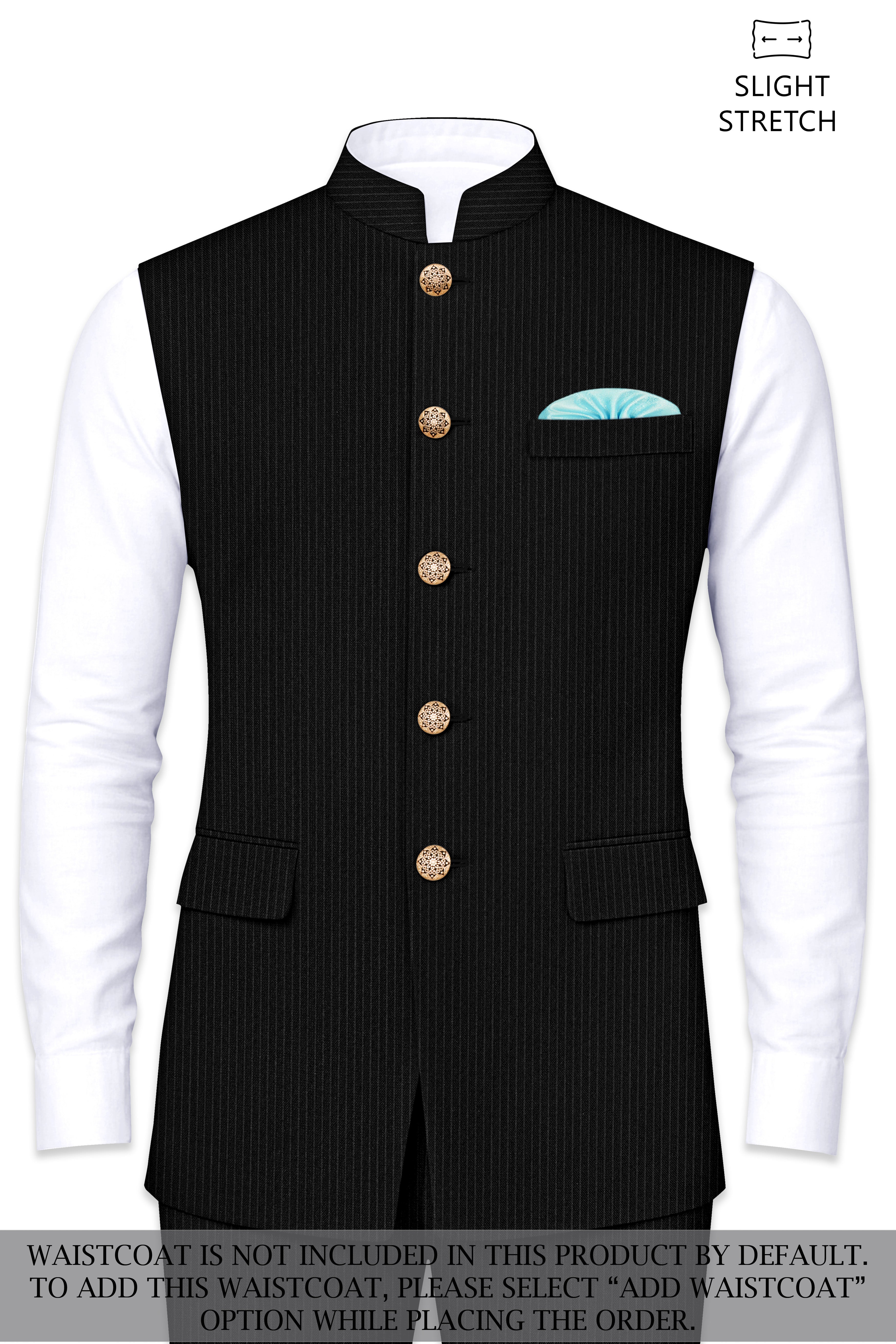 Aurejax-Jade Black Pencil Striped Wool Rich Slight Stretch Cross Placket Bandhgala Suit