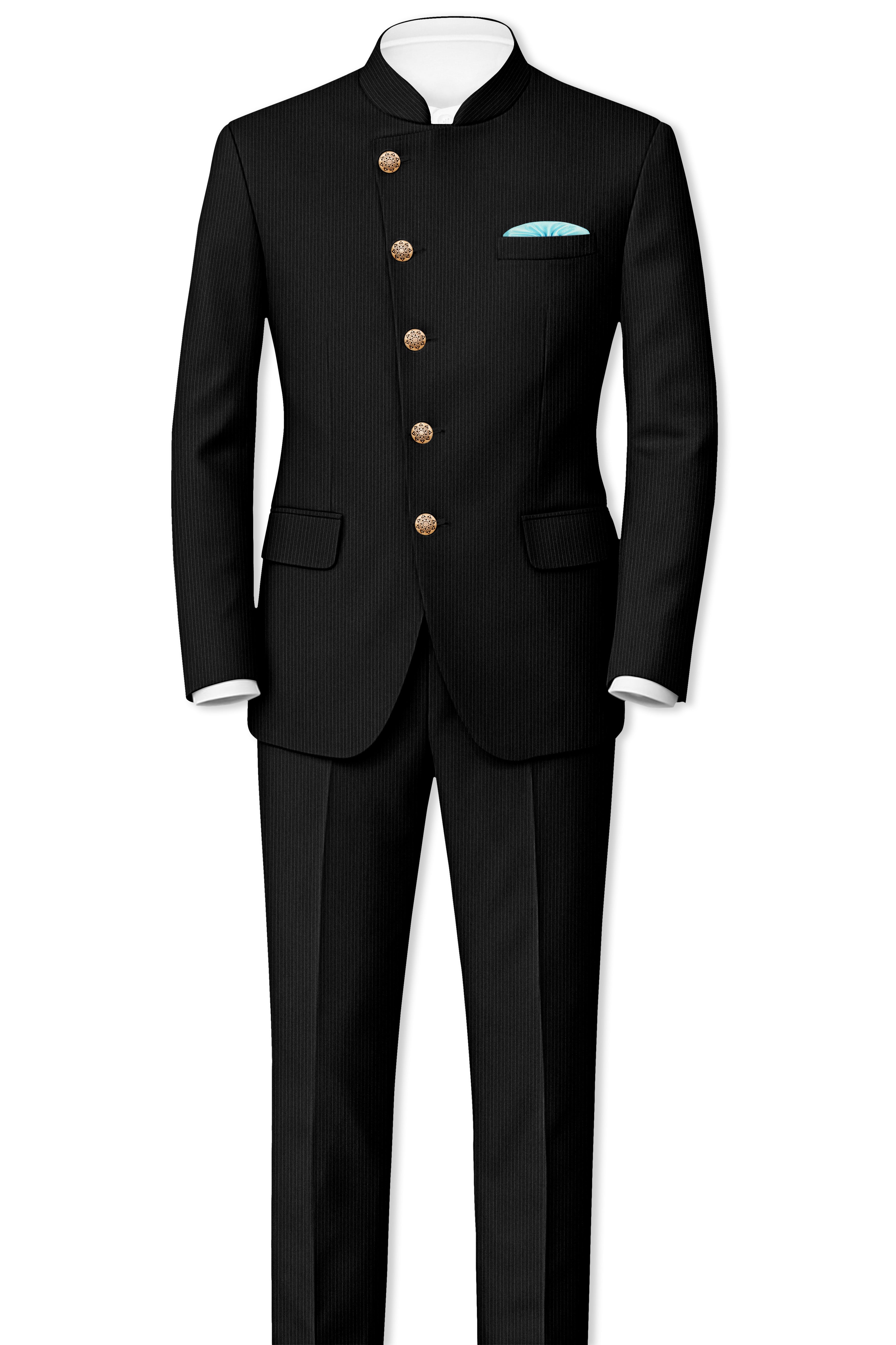 Aurejax-Jade Black Pencil Striped Wool Rich Slight Stretch Cross Placket Bandhgala Suit