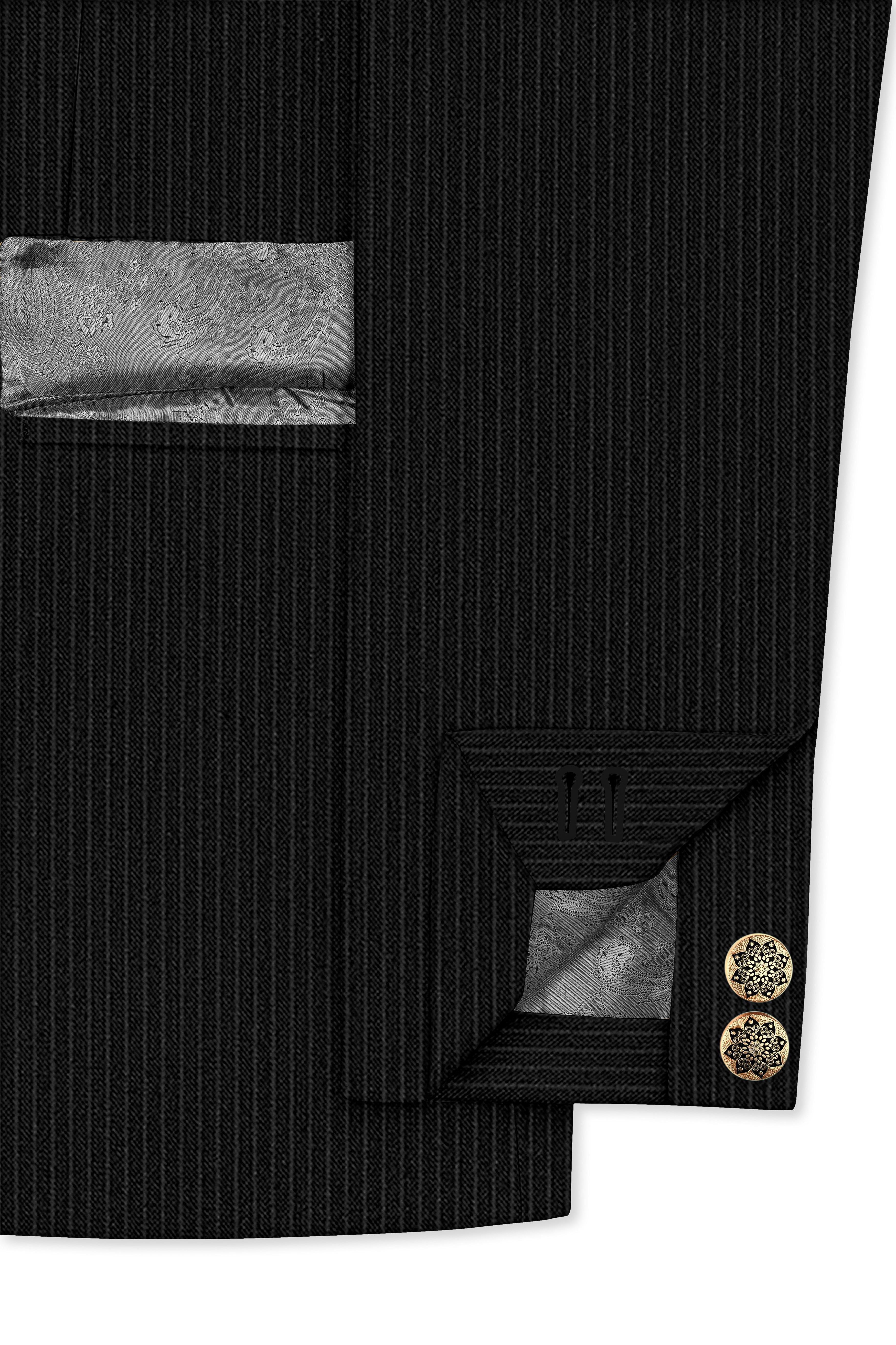 Aurejax-Jade Black Pencil Striped Wool Rich Slight Stretch Cross Placket Bandhgala Suit