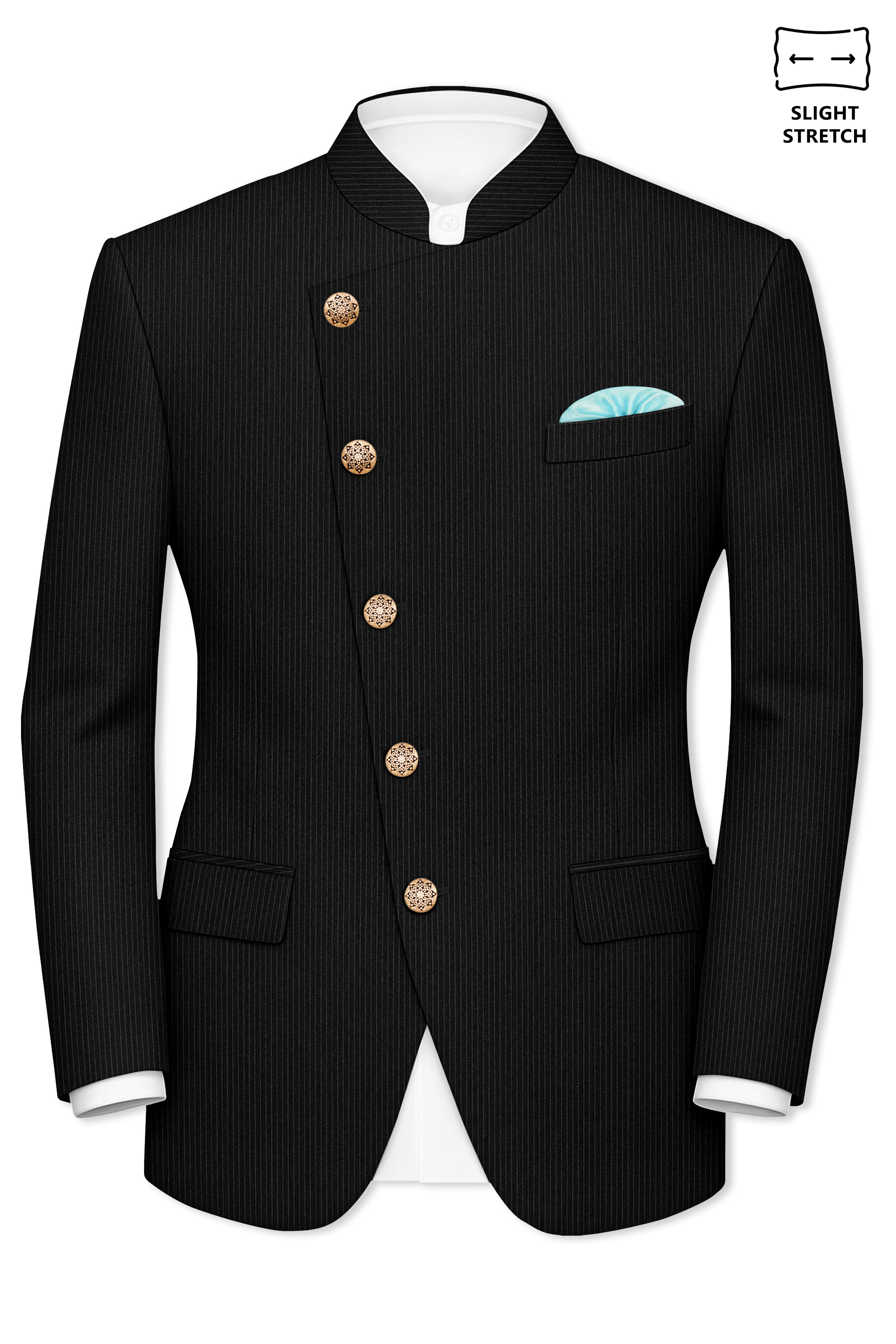 Aurejax-Jade Black Pencil Striped Wool Rich Slight Stretch Cross Placket Bandhgala Suit