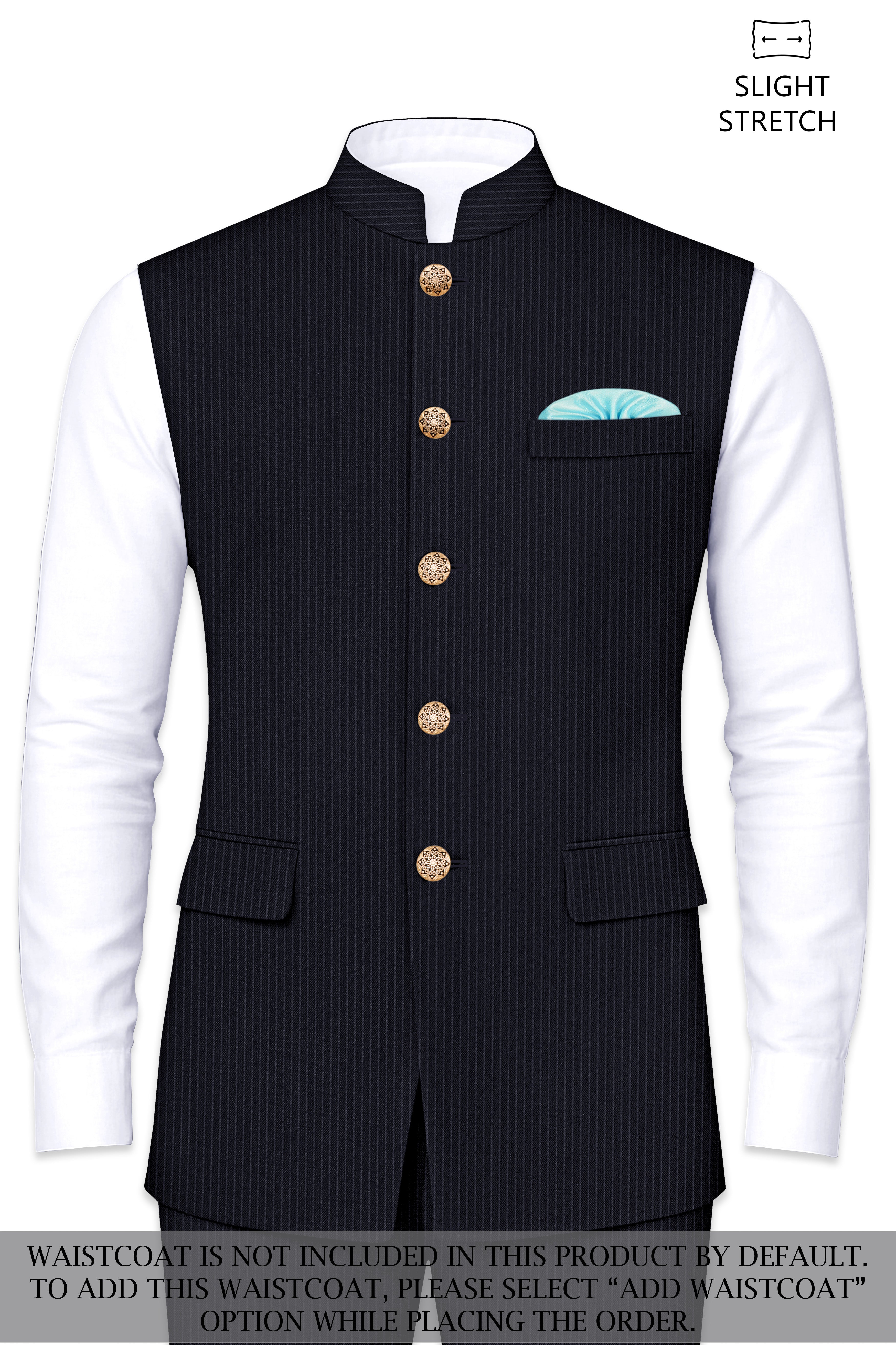 Cosmire-Space Blue Pencil Striped Wool Rich Slight Stretch Cross Placket Bandhgala Suit