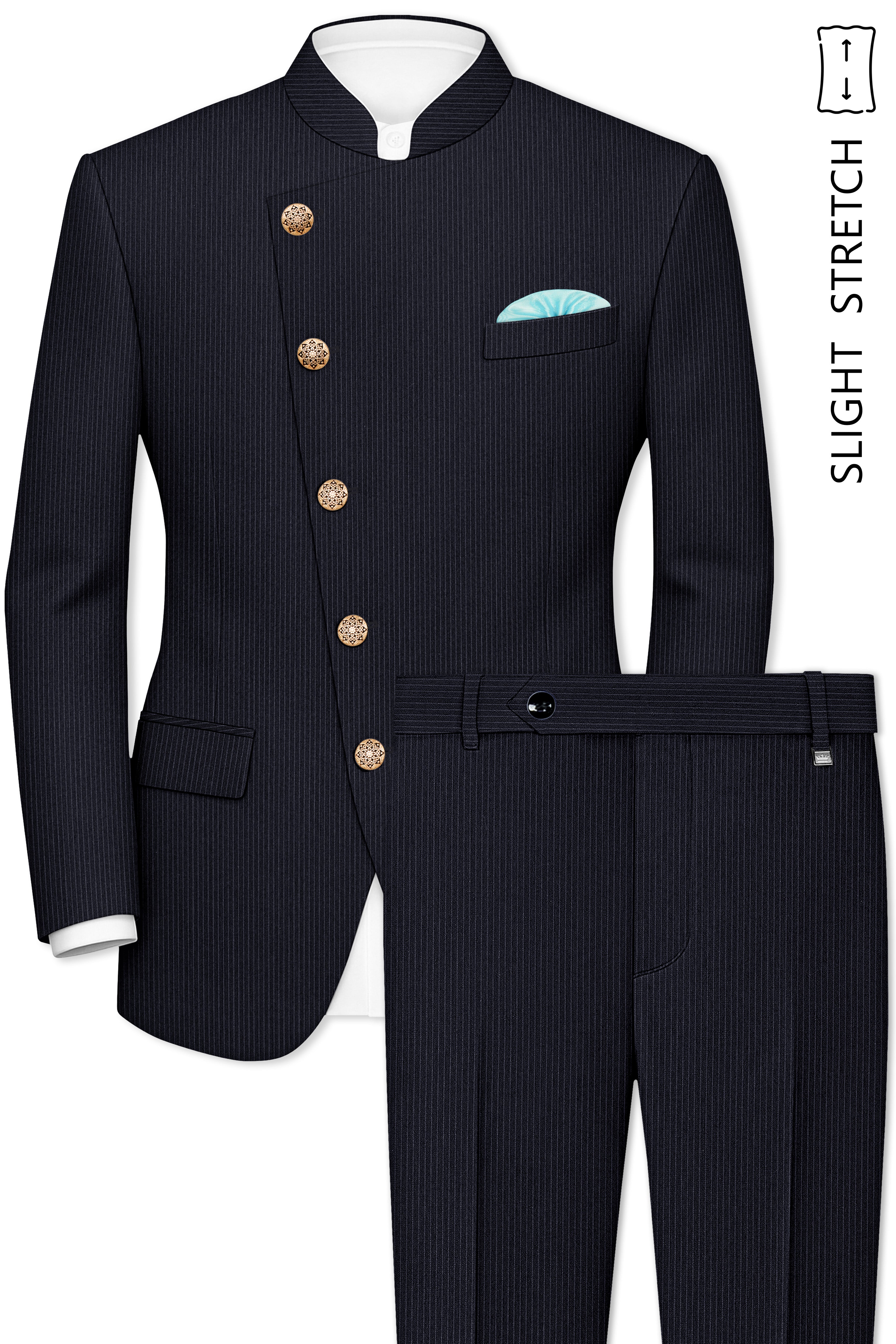 Cosmire-Space Blue Pencil Striped Wool Rich Slight Stretch Cross Placket Bandhgala Suit