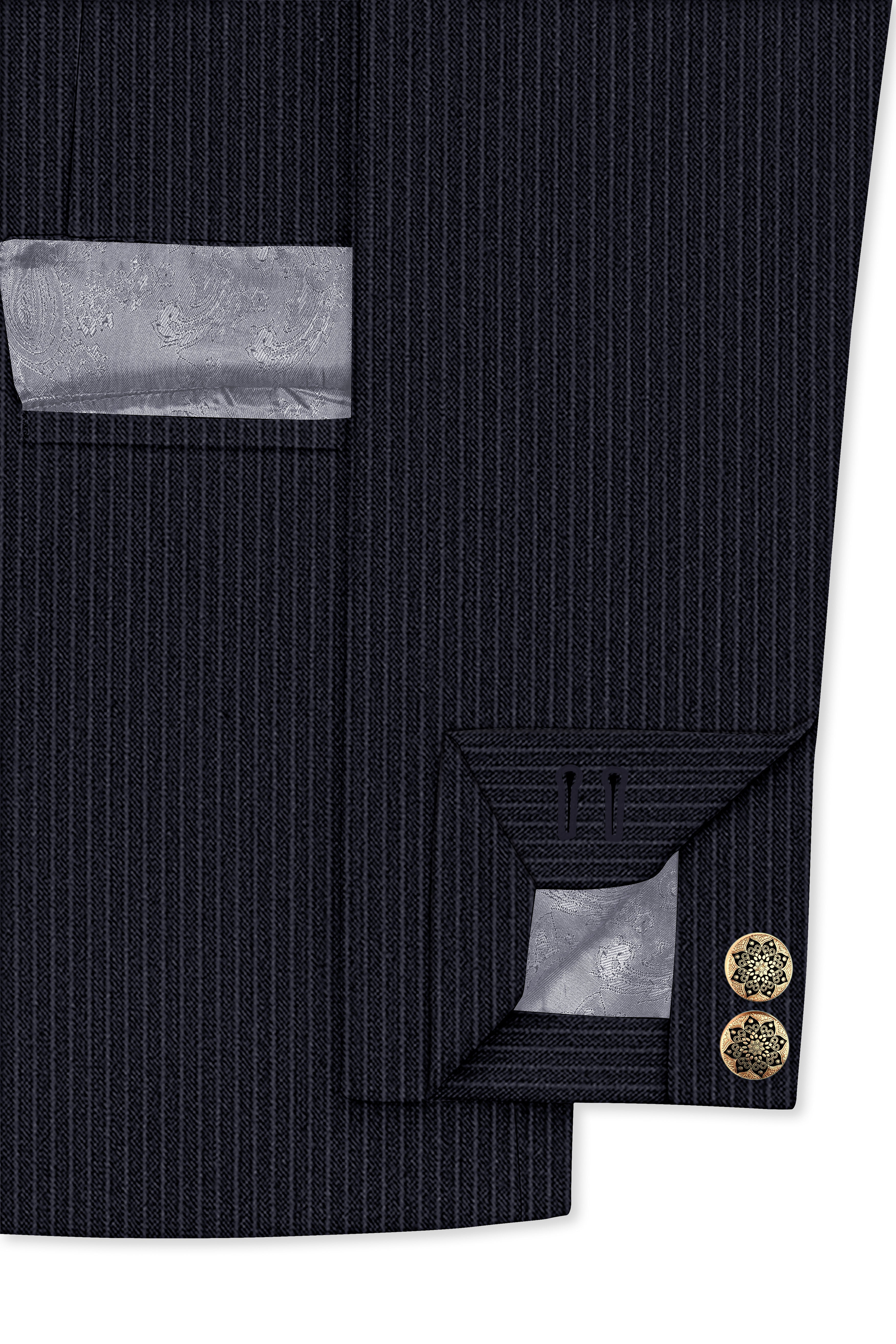 Cosmire-Space Blue Pencil Striped Wool Rich Slight Stretch Cross Placket Bandhgala Suit