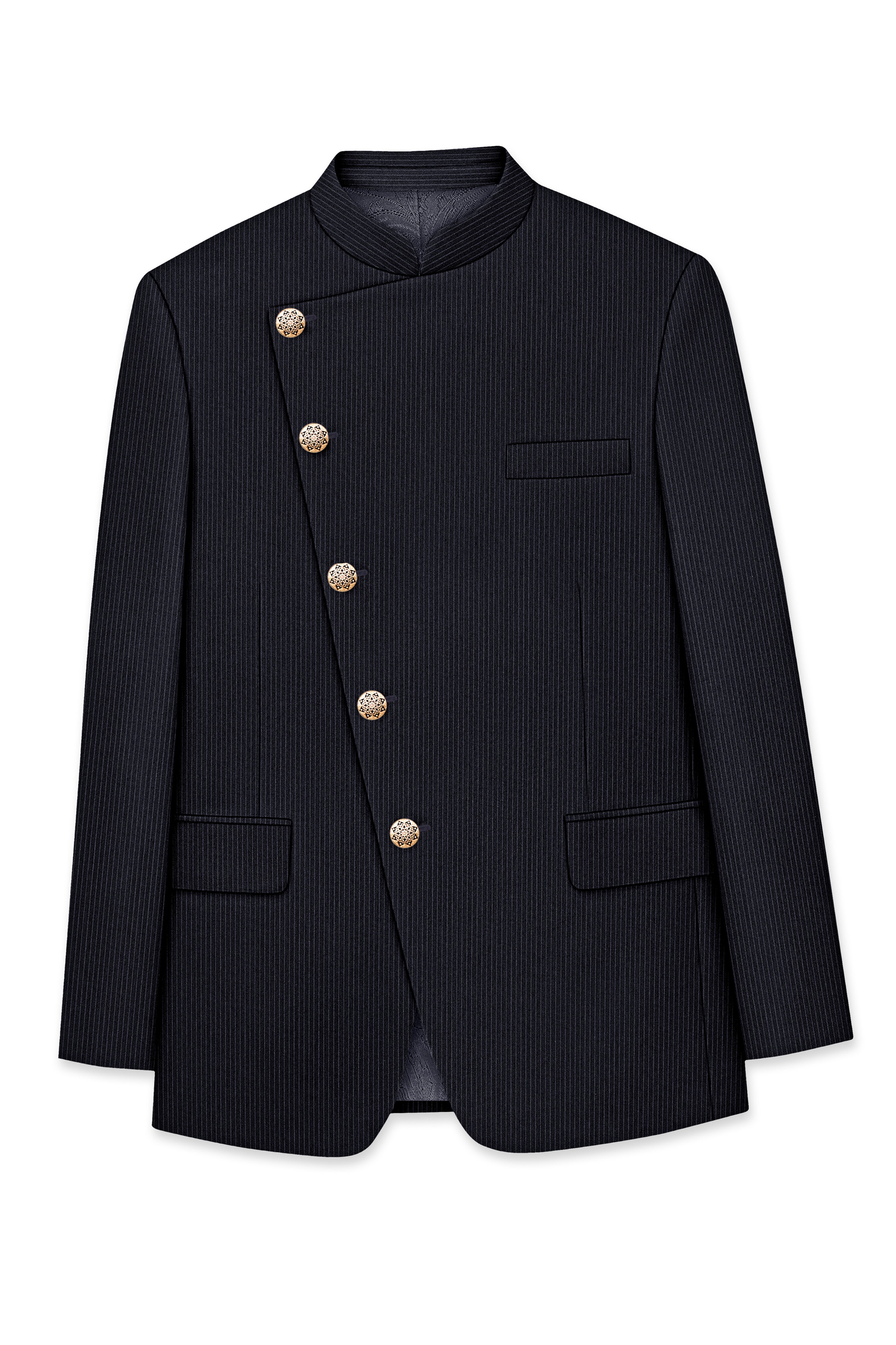 Cosmire-Space Blue Pencil Striped Wool Rich Slight Stretch Cross Placket Bandhgala Suit