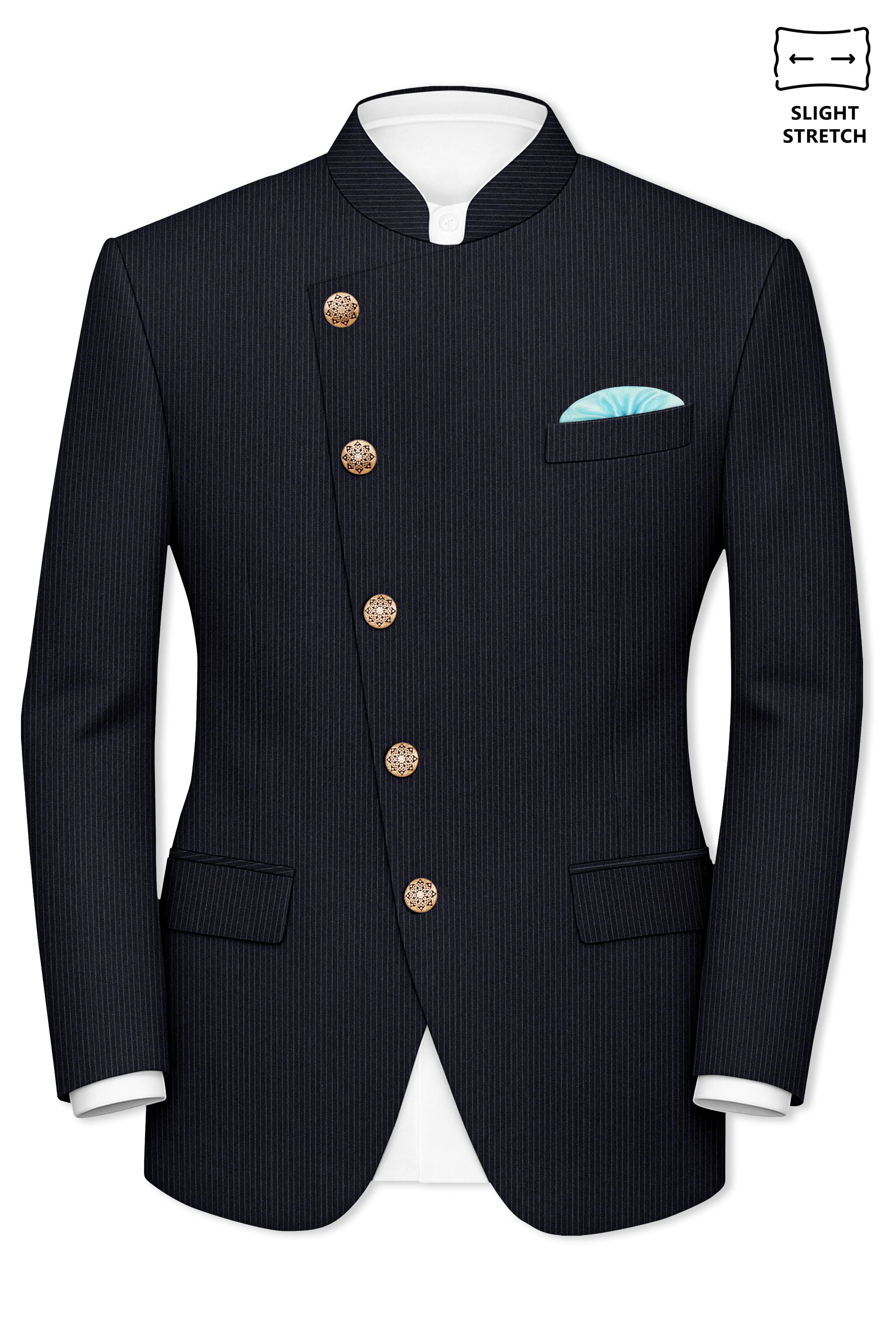 Cosmire-Space Blue Pencil Striped Wool Rich Slight Stretch Cross Placket Bandhgala Suit