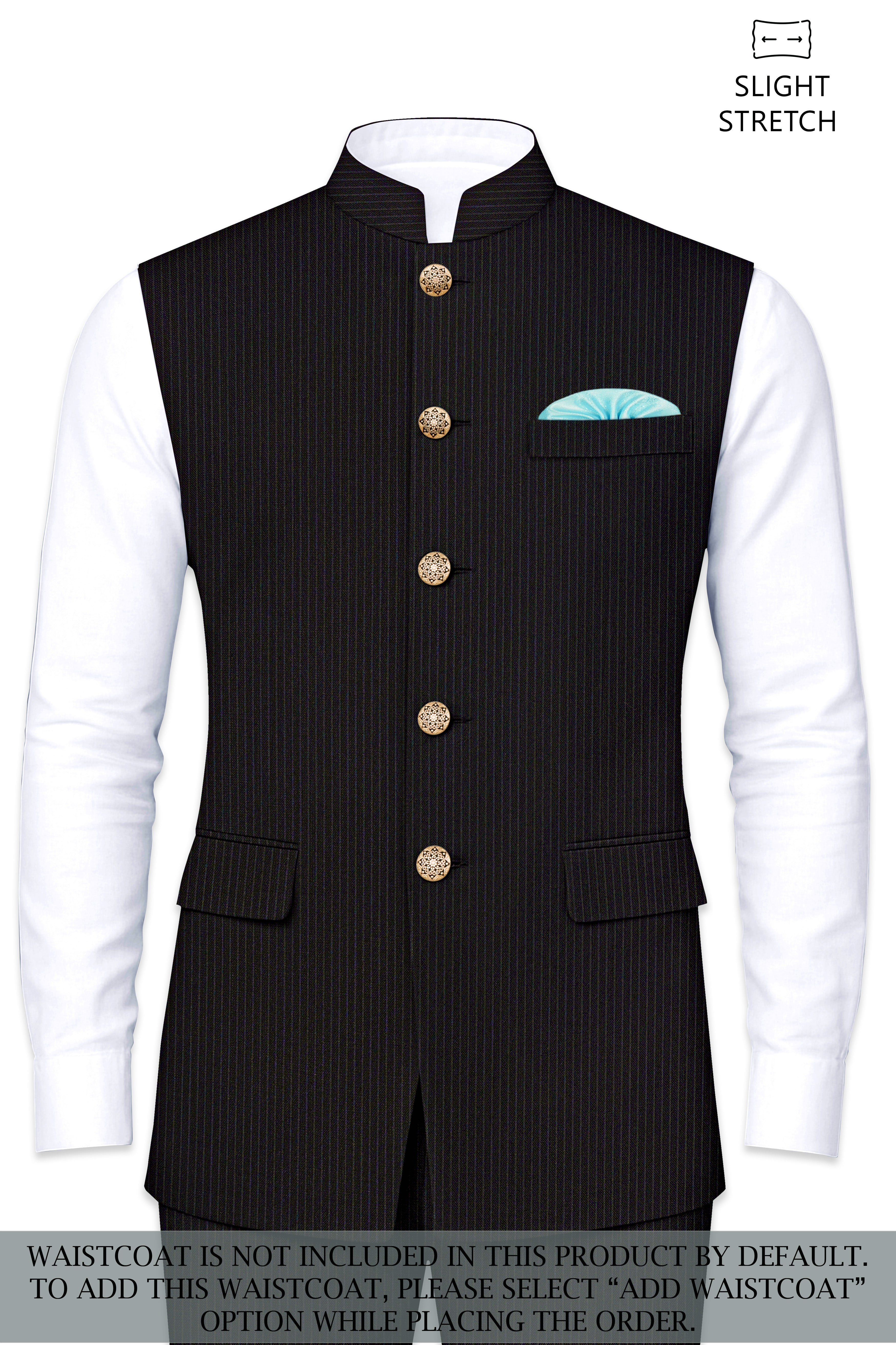 Imperio-Umber Brown Pencil Striped Wool Rich Bandhgala Slight Stretch Suit