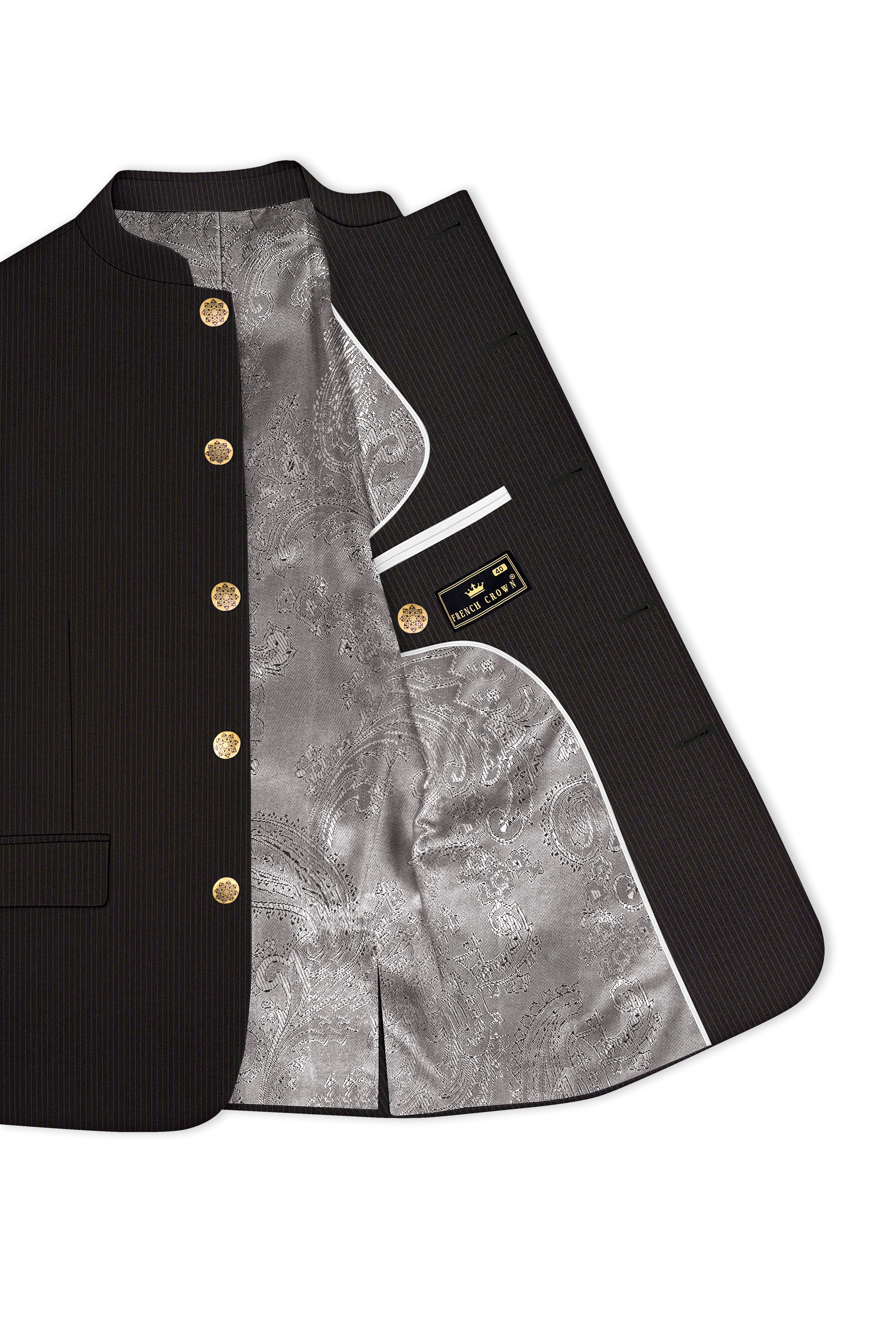 Imperio-Umber Brown Pencil Striped Wool Rich Bandhgala Slight Stretch Suit