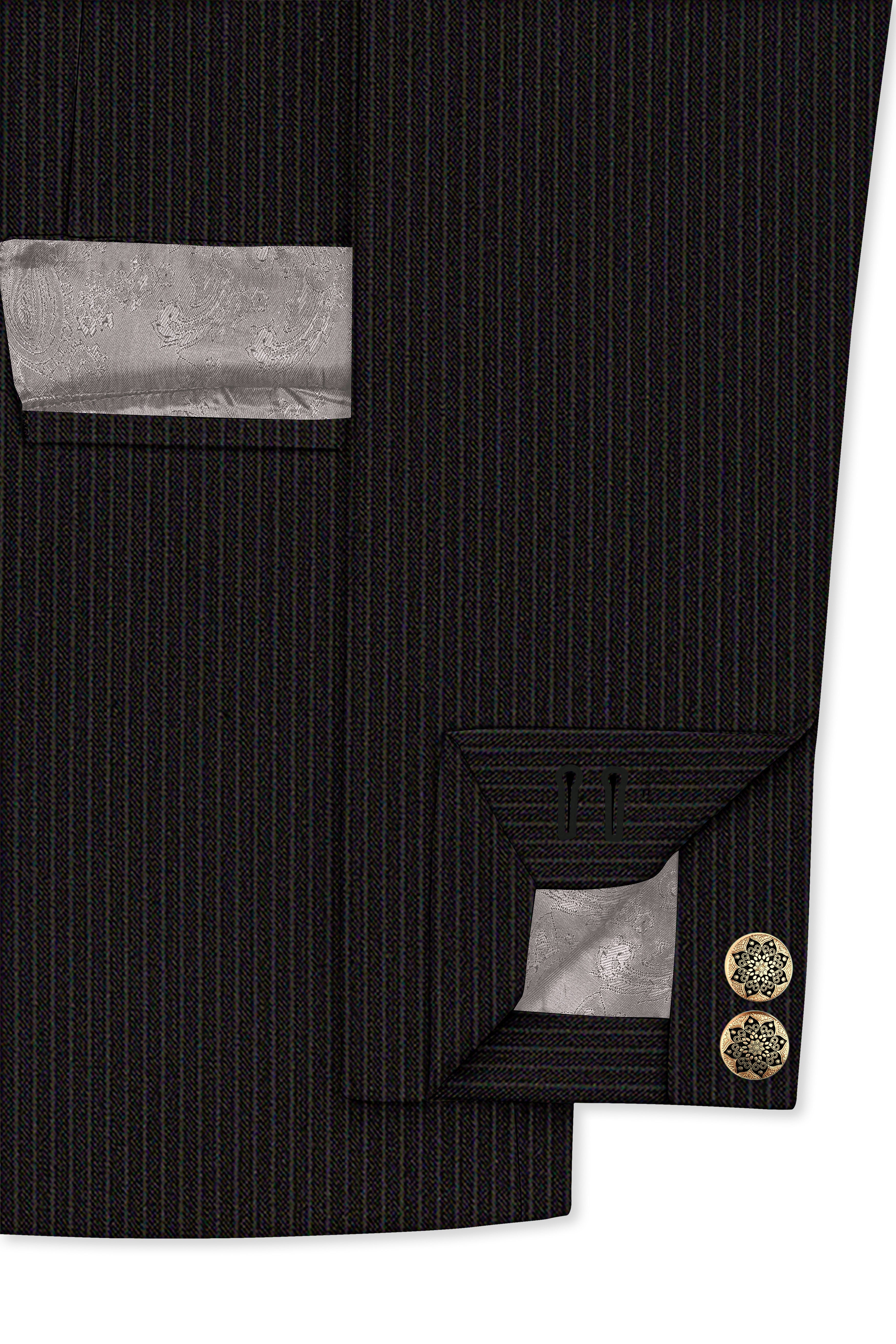 Imperio-Umber Brown Pencil Striped Wool Rich Bandhgala Slight Stretch Suit