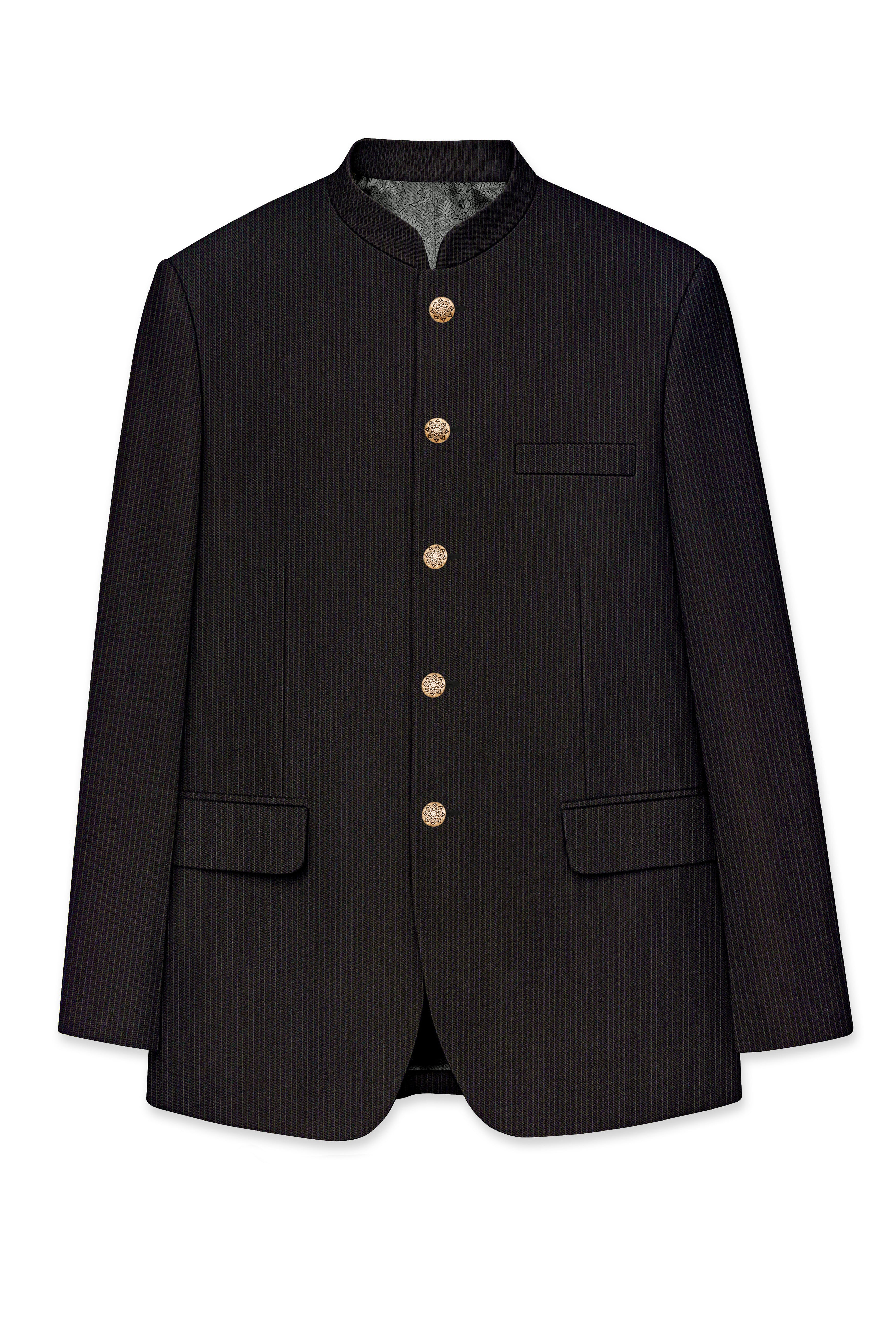 Imperio-Umber Brown Pencil Striped Wool Rich Bandhgala Slight Stretch Suit