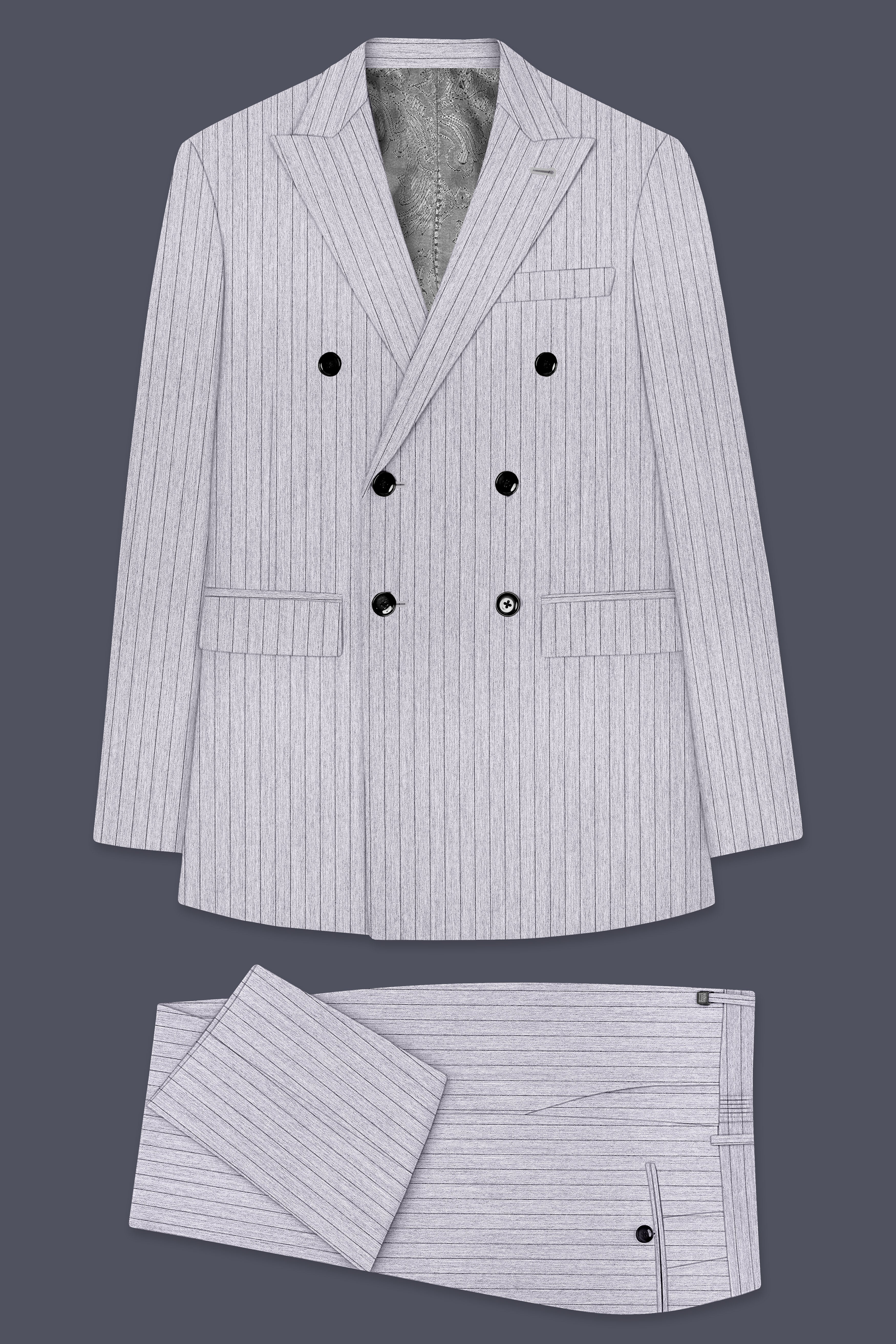 Grisvoro-Sterling Gray Pin Striped Wool Rich Slight Stretch Double Breasted Suit