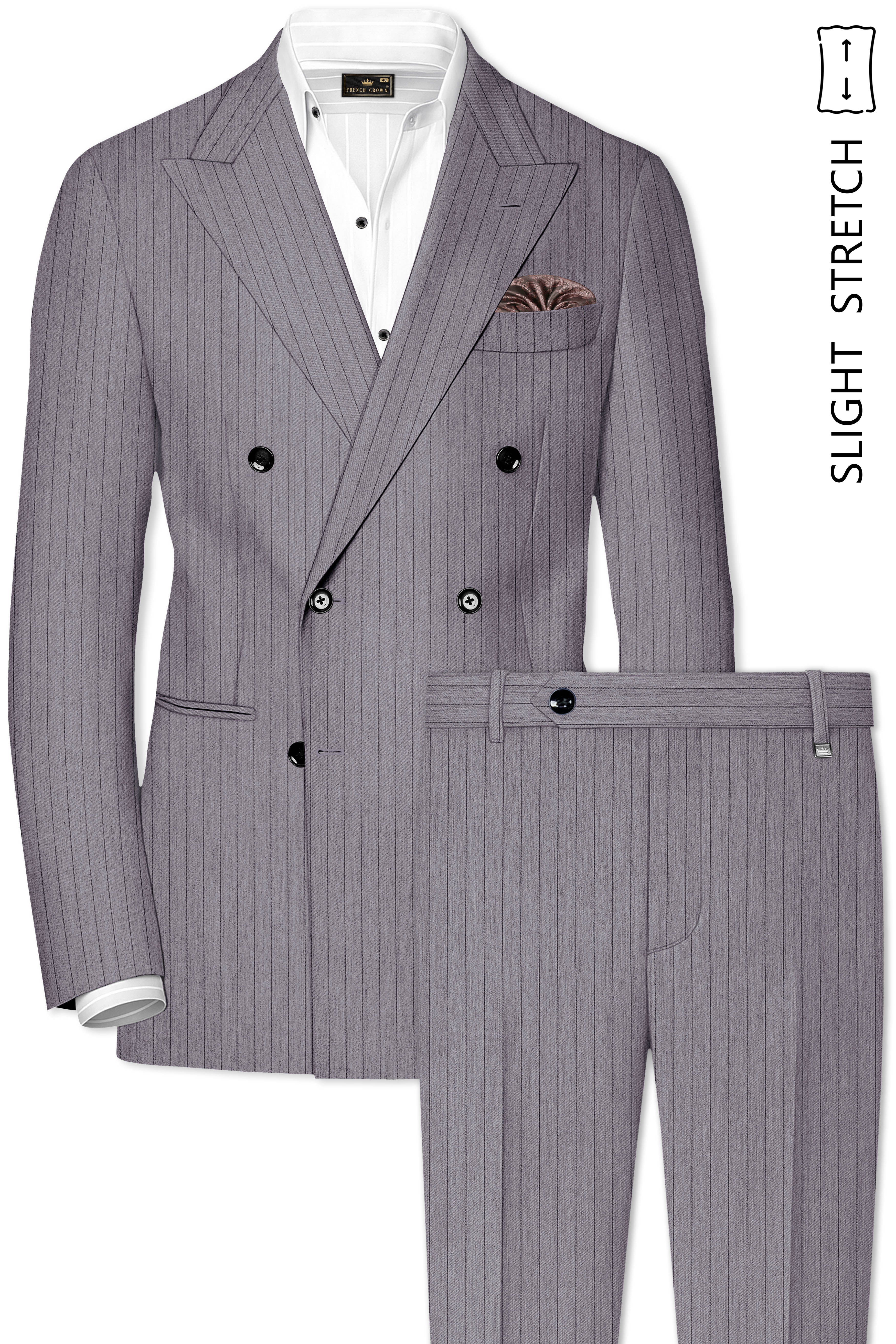 Velmoro-Mauve Gray Pin Striped Wool Rich Slight Stretch Double Breasted Suit