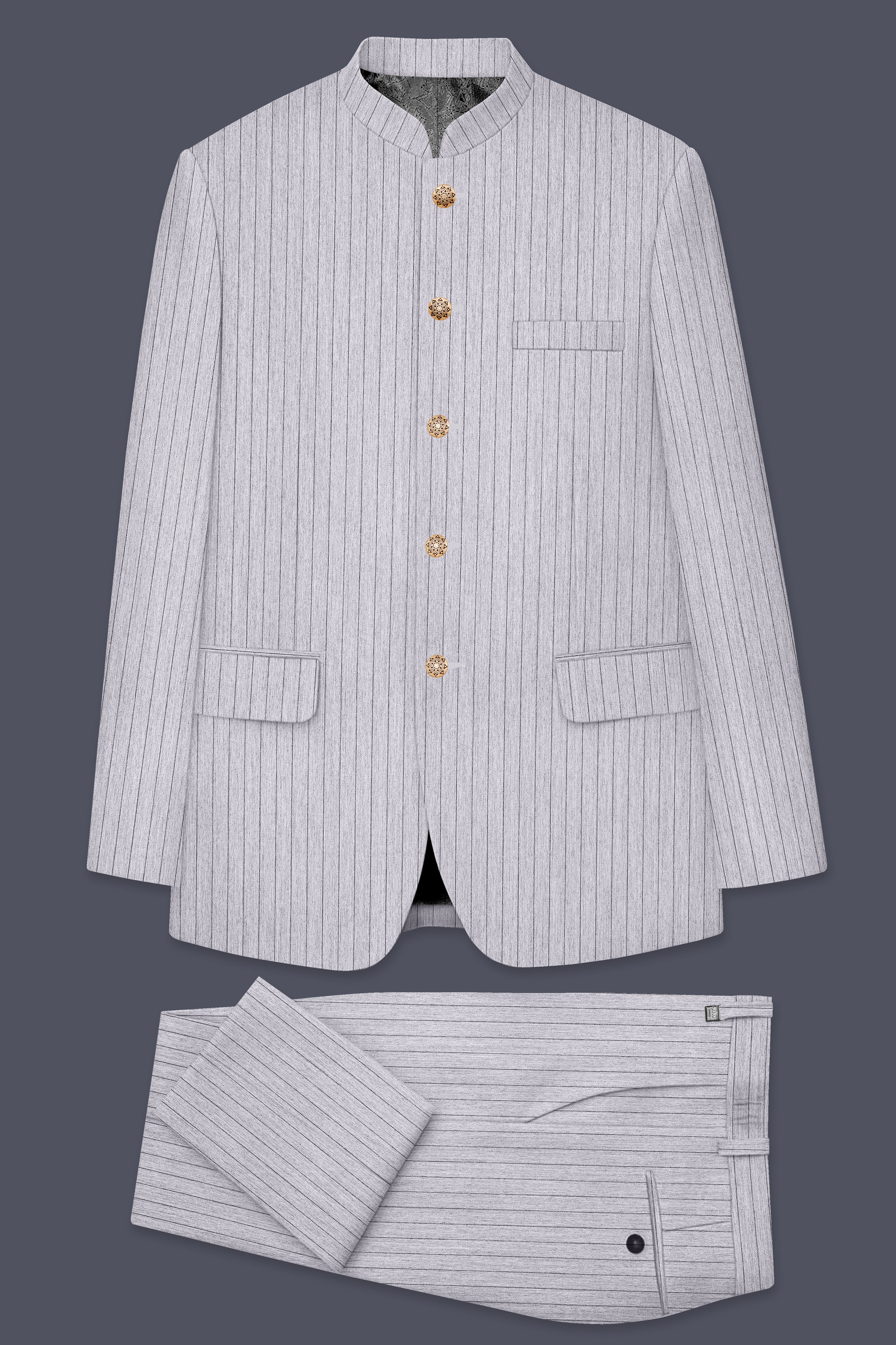 Grisvoro-Sterling Gray Pin Striped Wool Rich Bandhgala Slight Stretch Suit