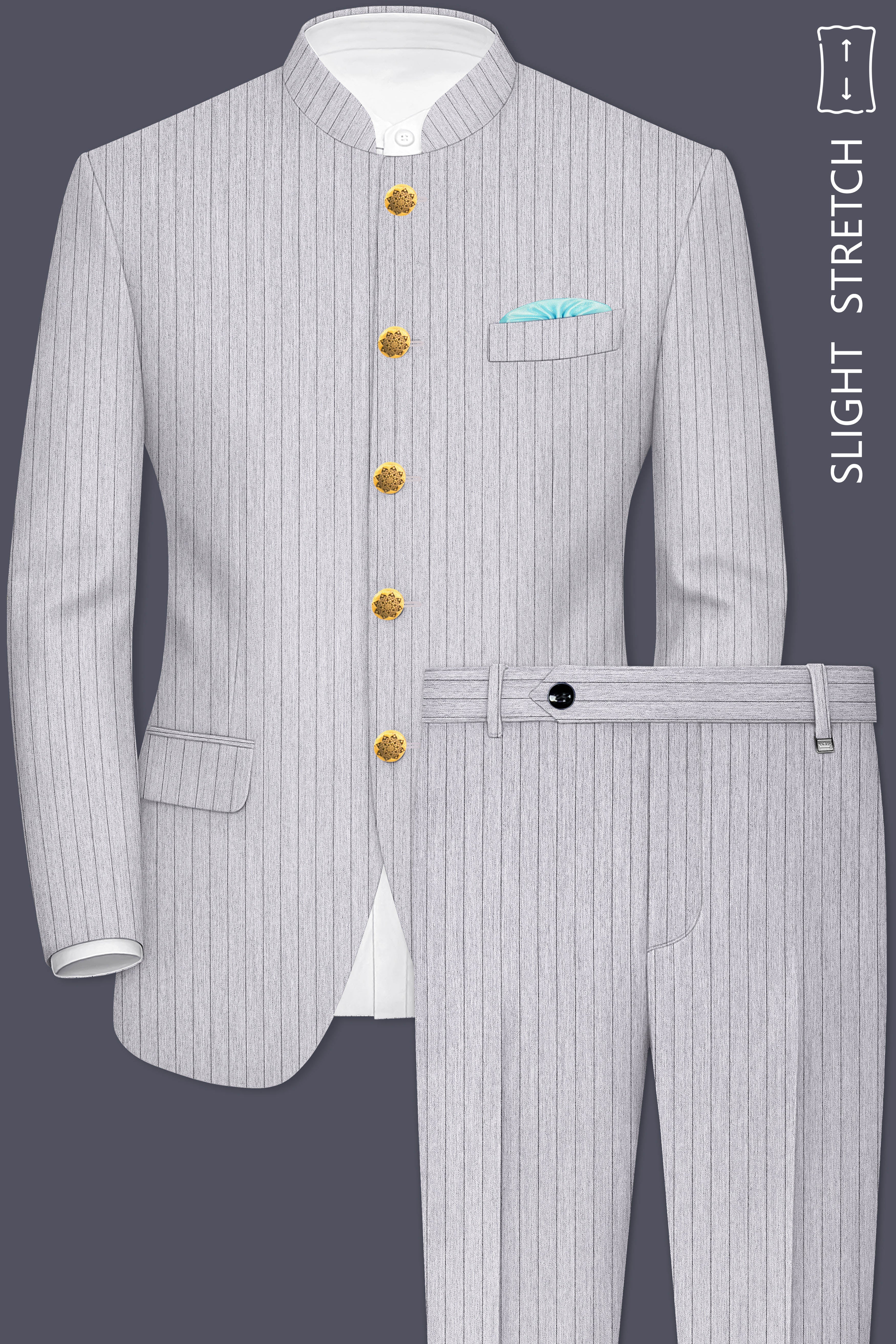 Grisvoro-Sterling Gray Pin Striped Wool Rich Bandhgala Slight Stretch Suit