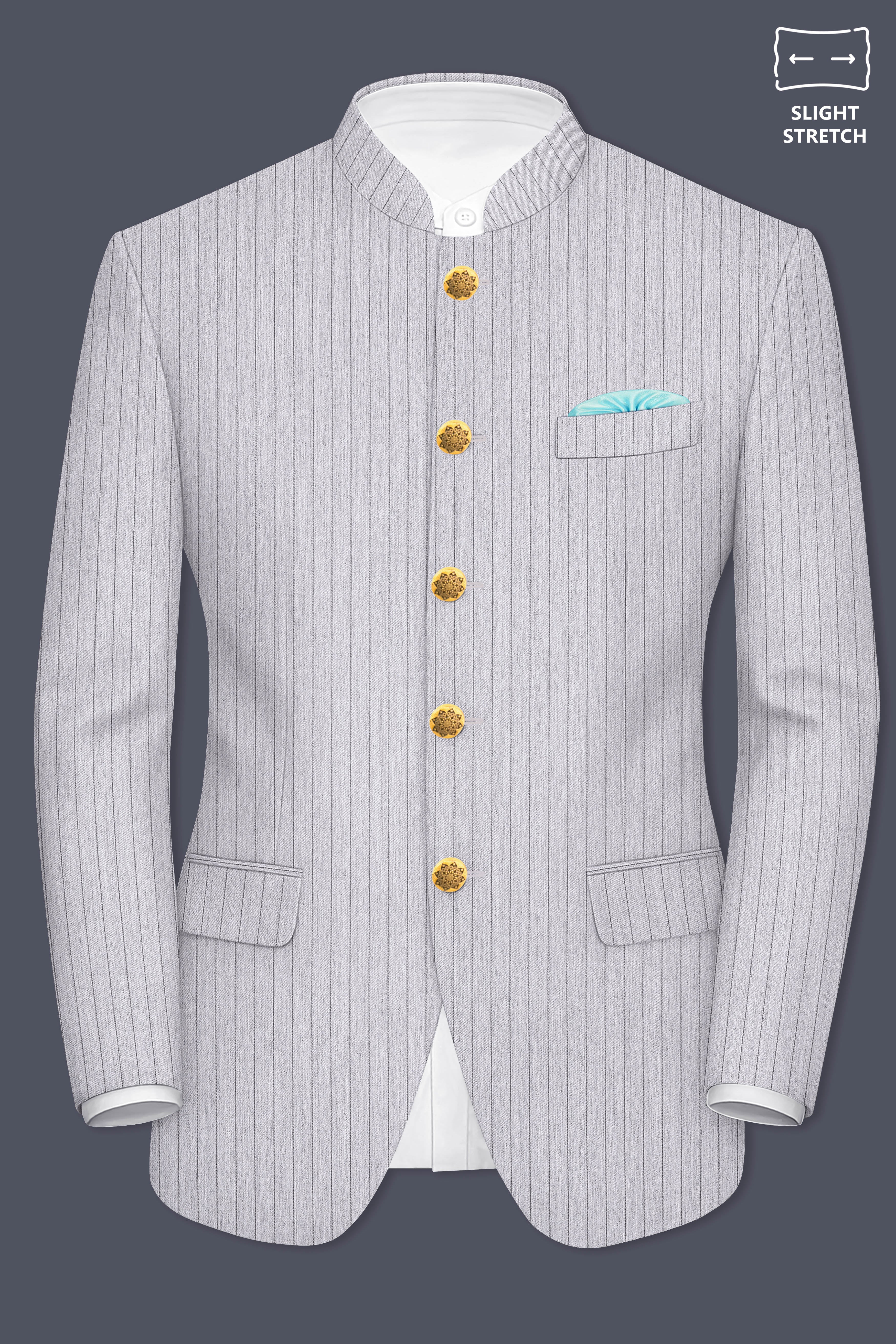 Grisvoro-Sterling Gray Pin Striped Wool Rich Bandhgala Slight Stretch Suit