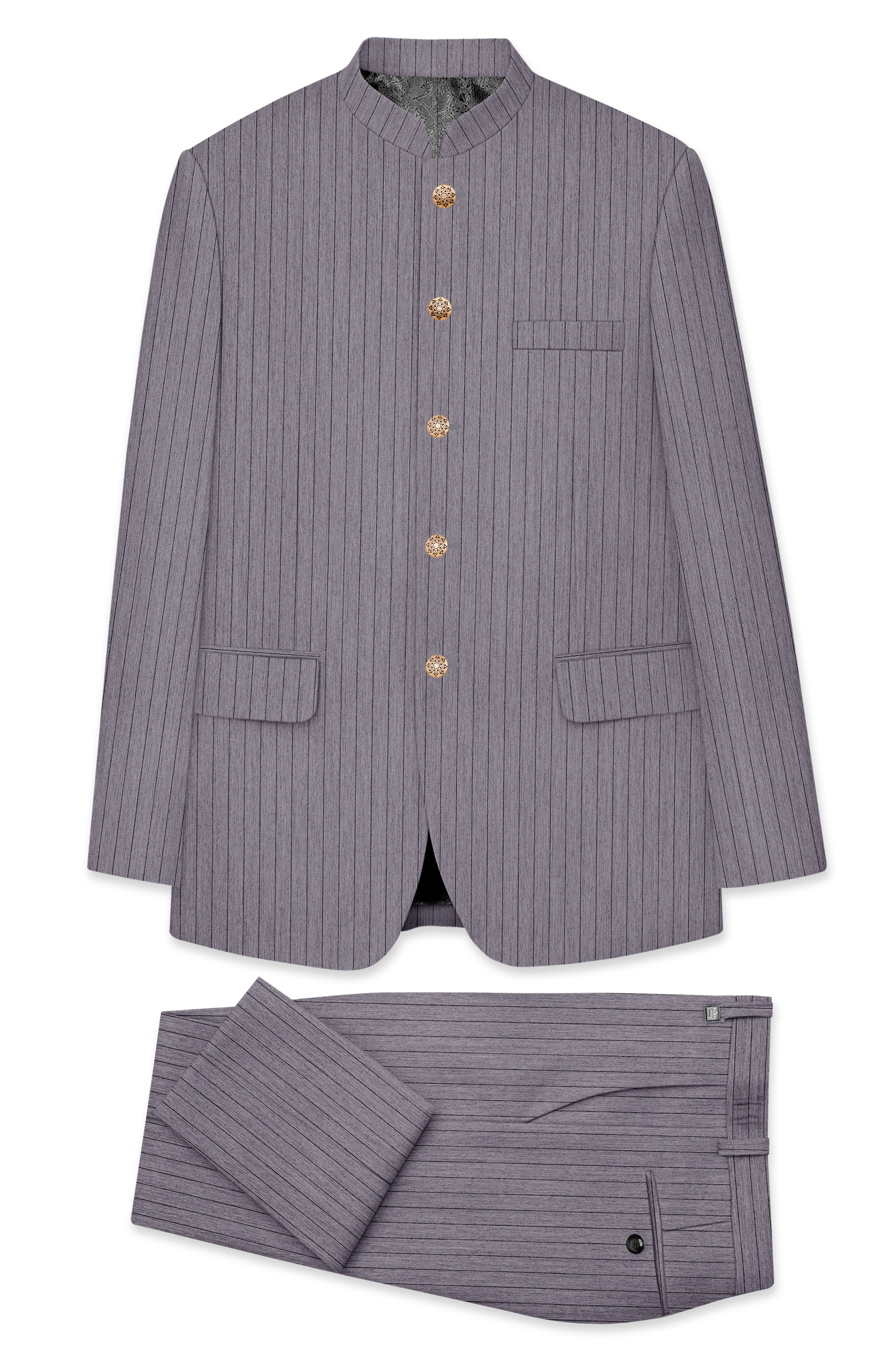 Velmoro-Mauve Gray Pin Striped Wool Rich Slight Stretch Bandhgala Suit