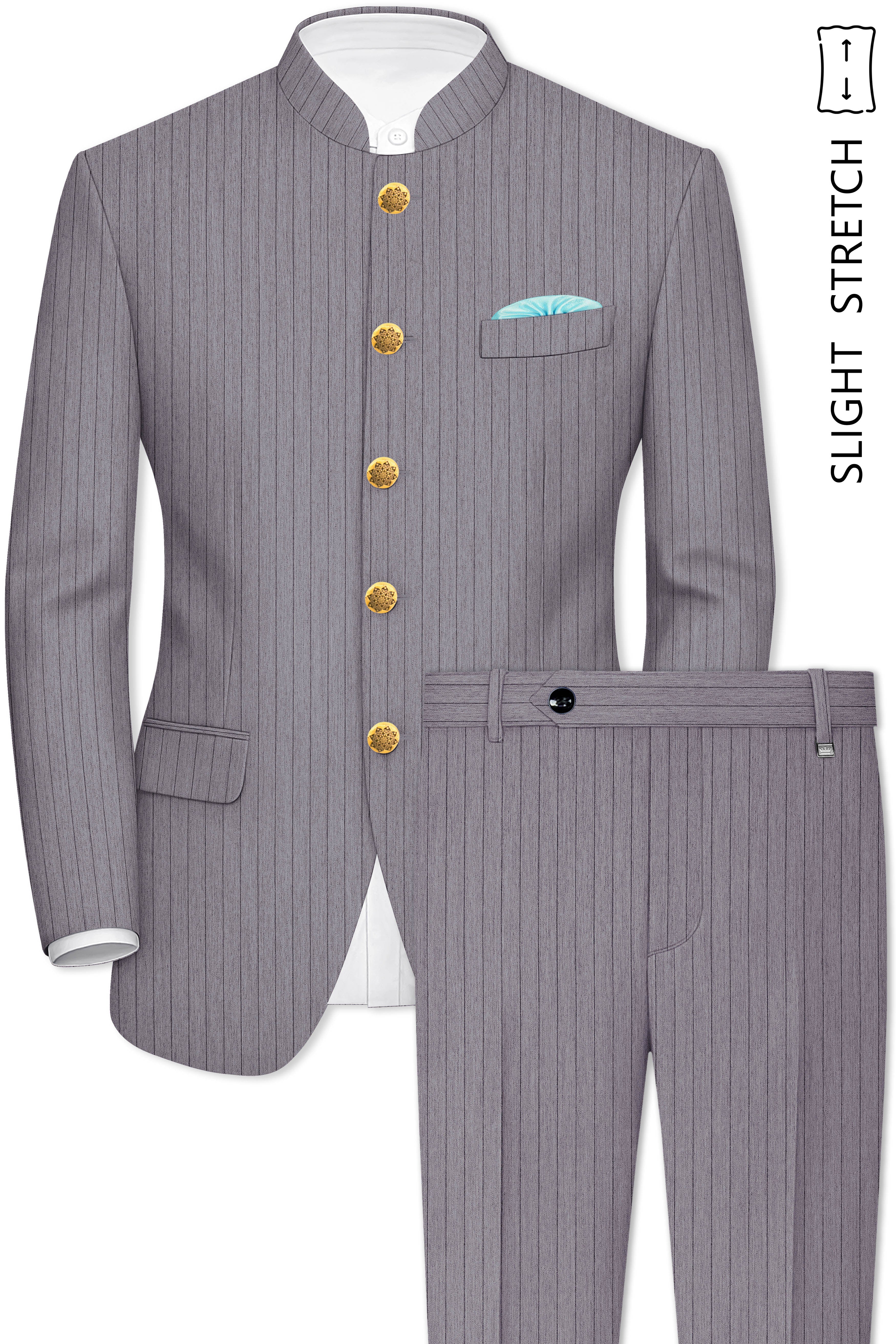 Velmoro-Mauve Gray Pin Striped Wool Rich Slight Stretch Cross Placket Bandhgala Suit