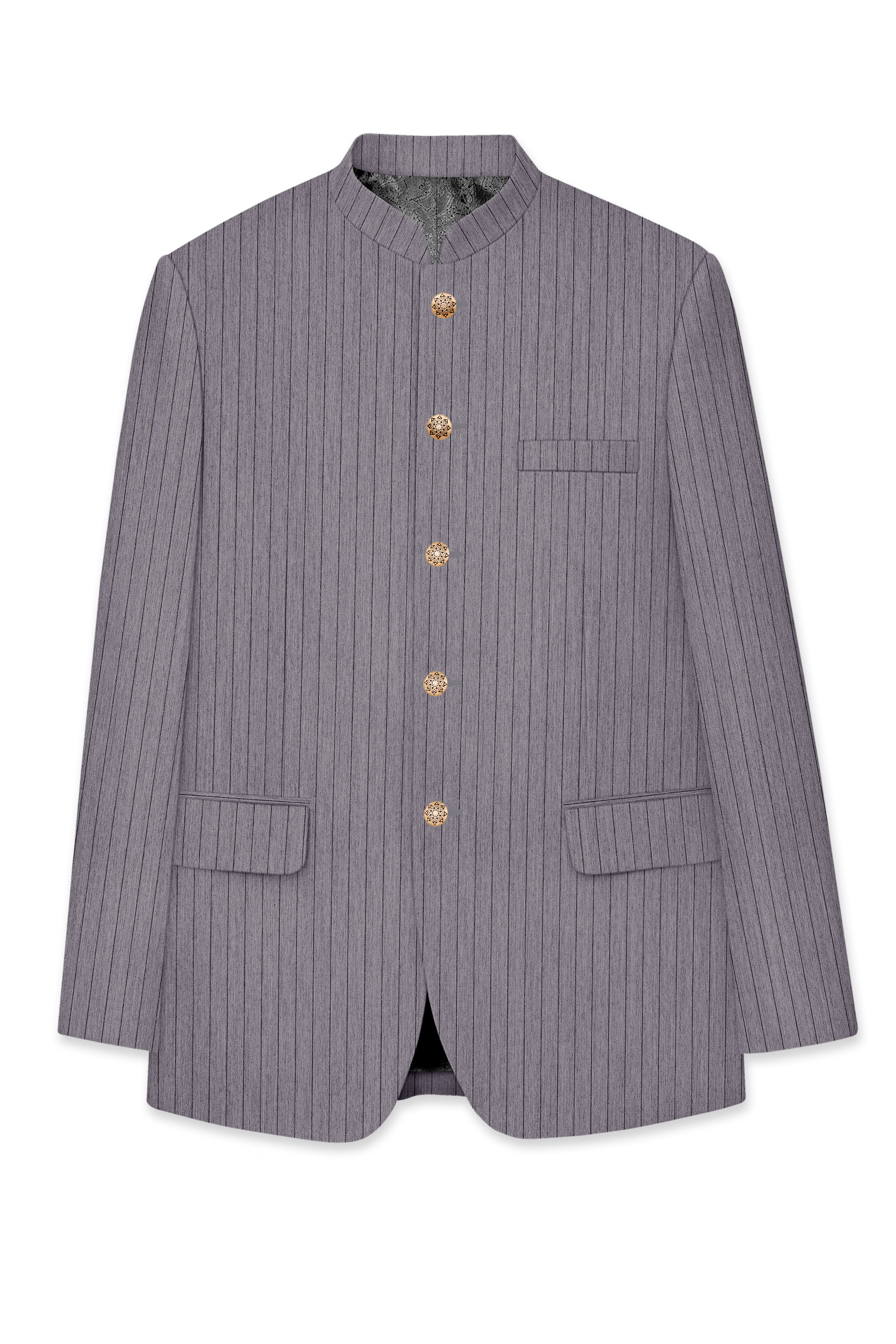 Velmoro-Mauve Gray Pin Striped Wool Rich Slight Stretch Bandhgala Suit