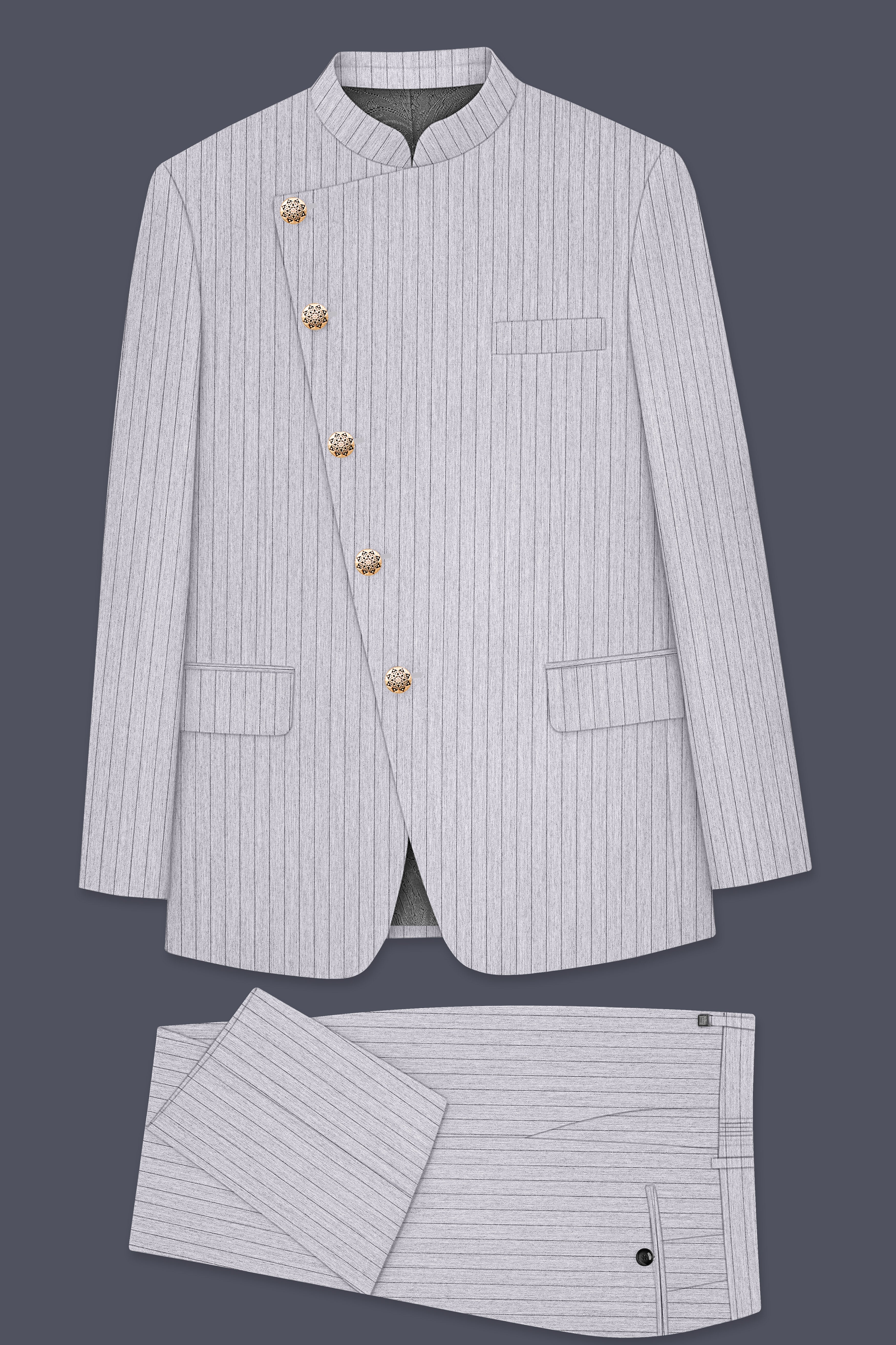 Grisvoro-Sterling Gray Pin Striped Wool Rich Slight Stretch Cross Placket Bandhgala Suit