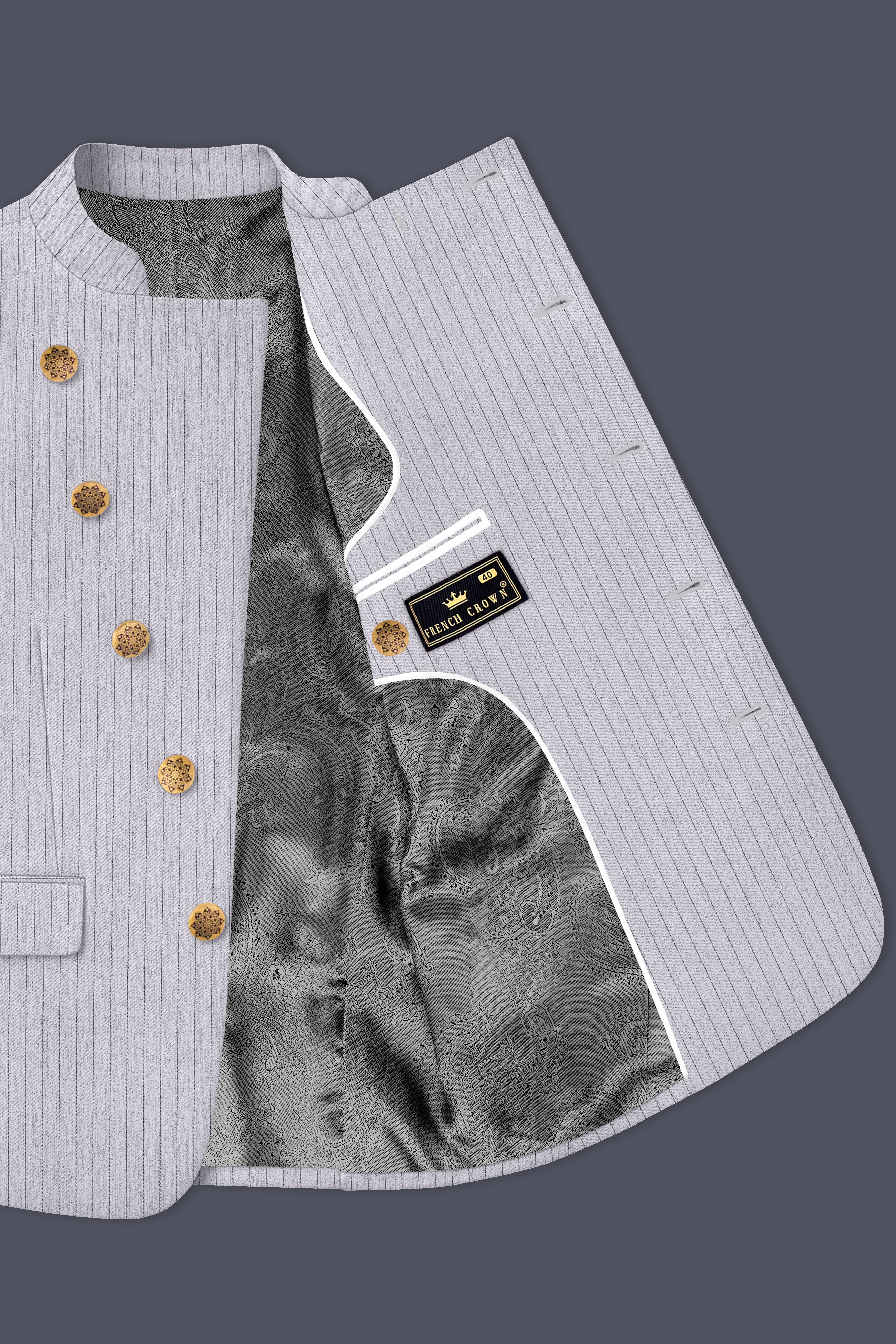 Grisvoro-Sterling Gray Pin Striped Wool Rich Slight Stretch Cross Placket Bandhgala Suit