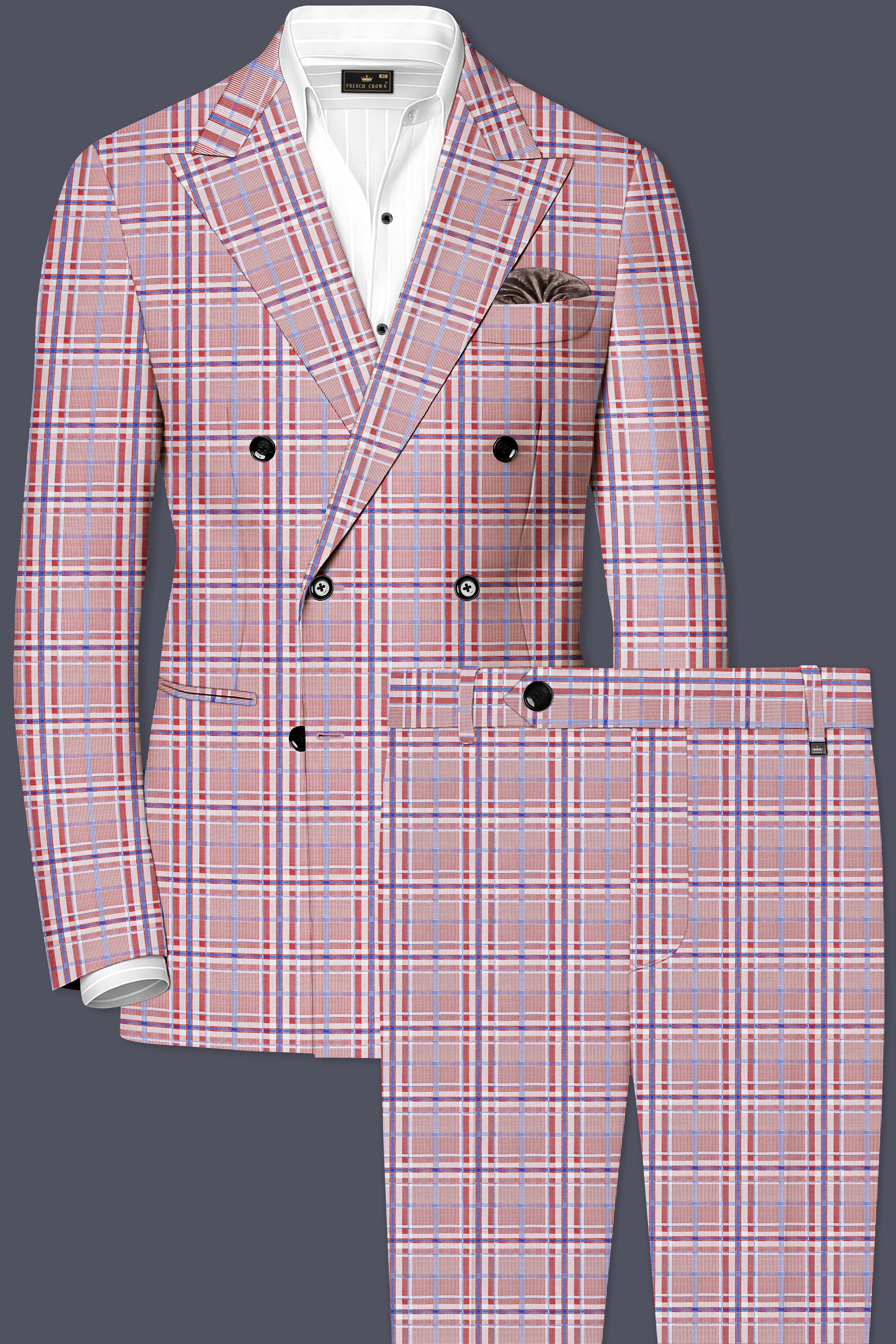 Velour-Turkish Rose Pink And Wild Blue Plaid Wool Rich Double Breasted Suit