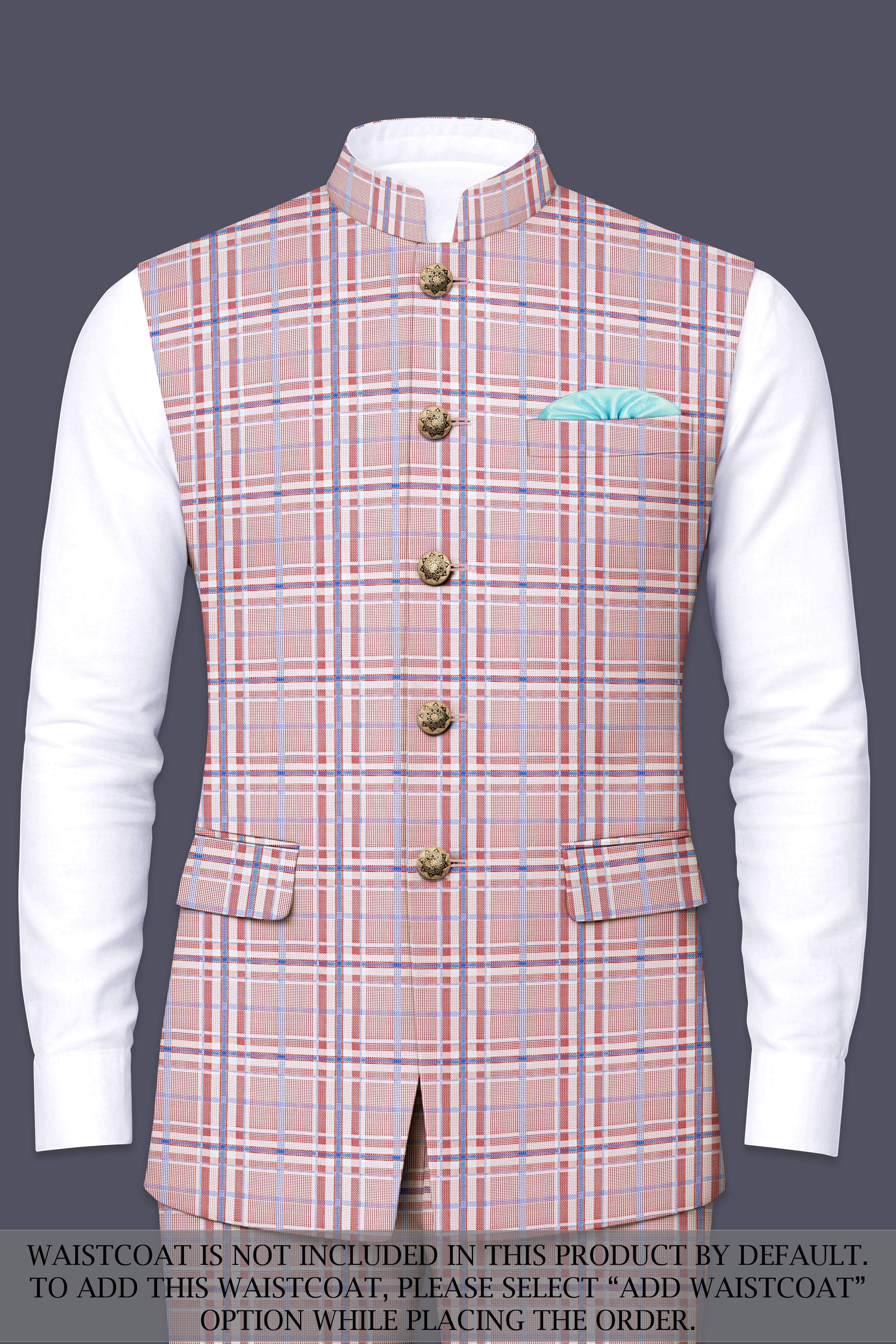 Velour-Turkish Rose Pink And Wild Blue Plaid Wool Rich Cross Placket Bandhgala Suits