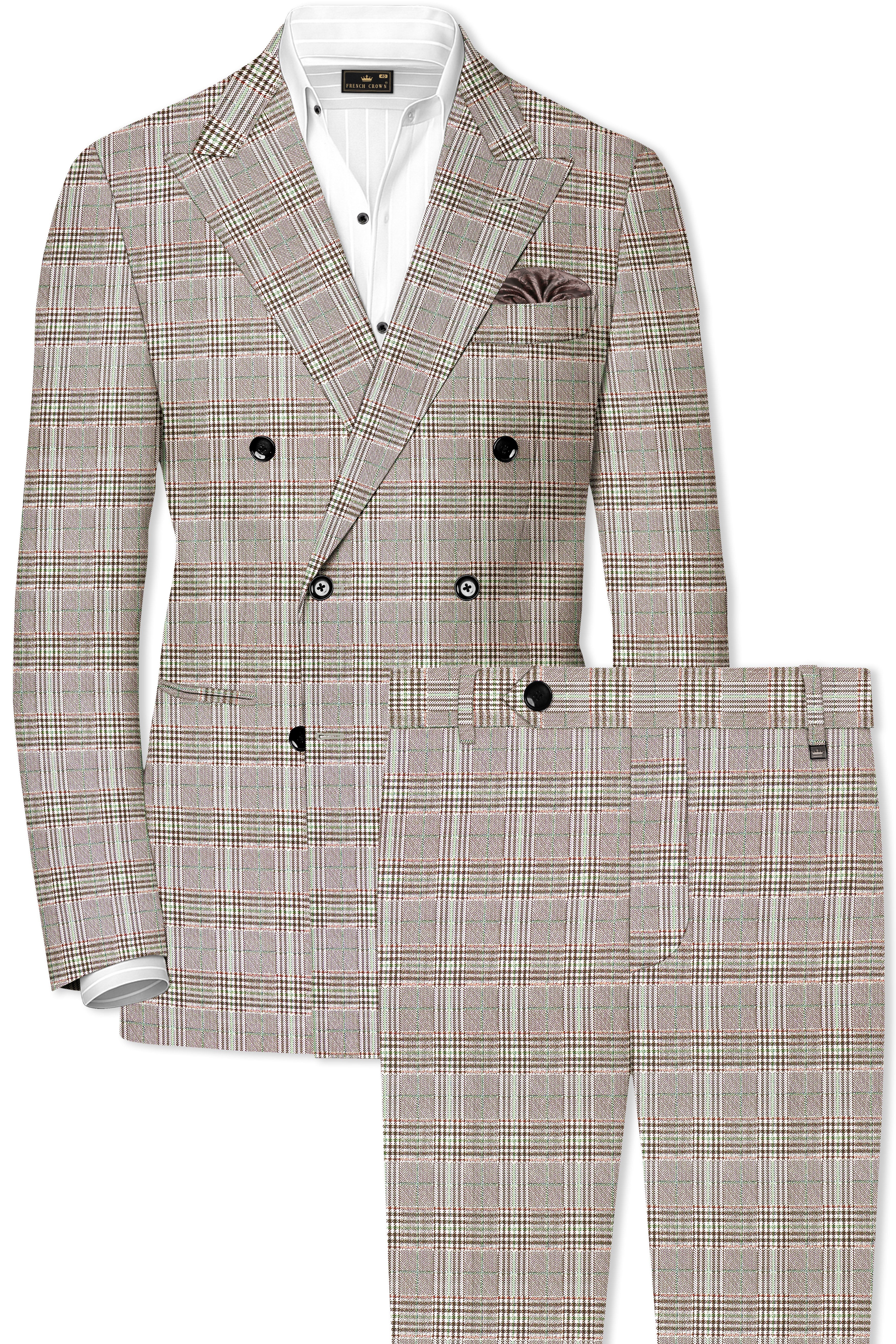 Truffle-Café Noir Brown Plaid Wool Rich Double Breasted Suit