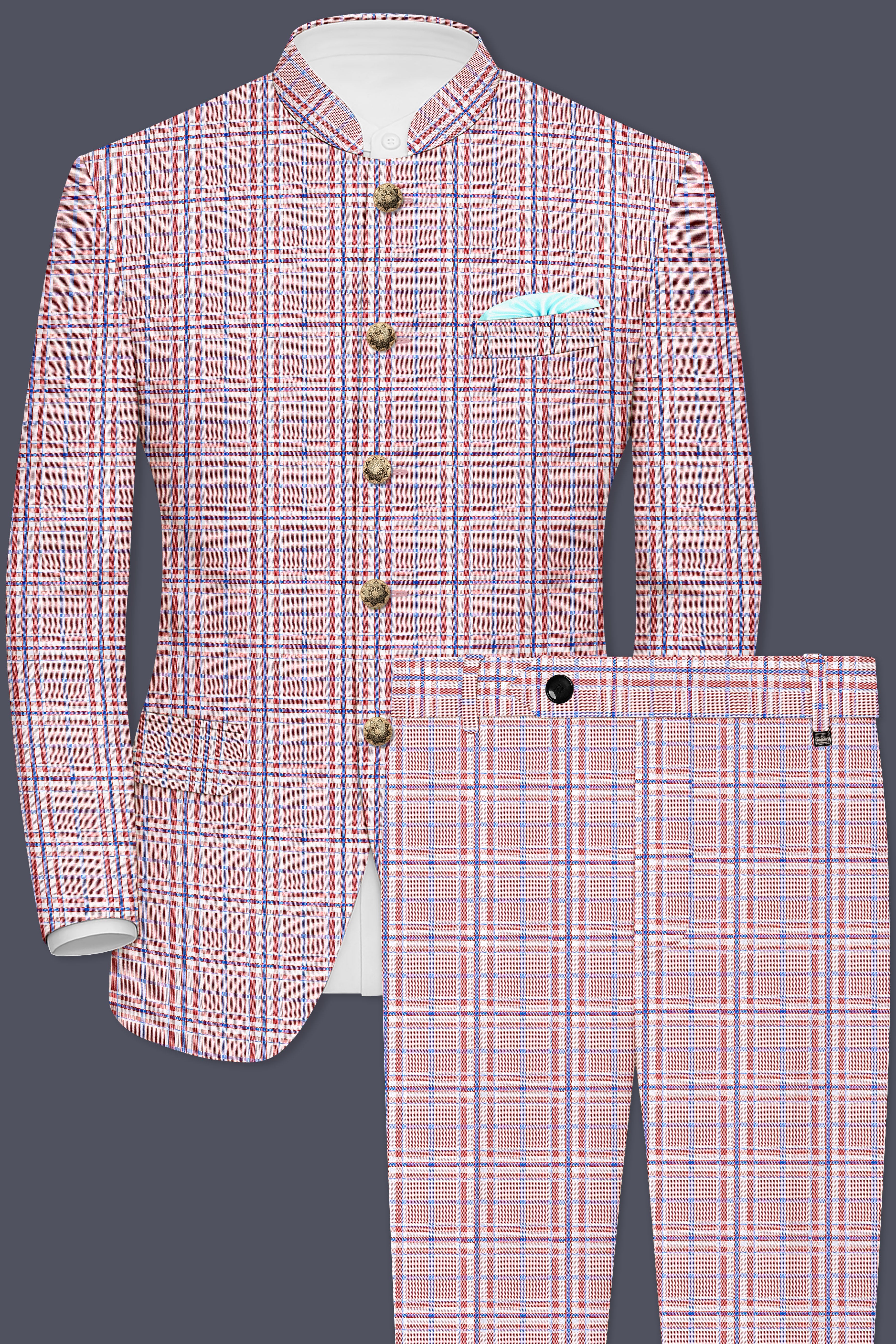 Velour-Turkish Rose Pink And Wild Blue Plaid Wool Rich Bandhgala Suit