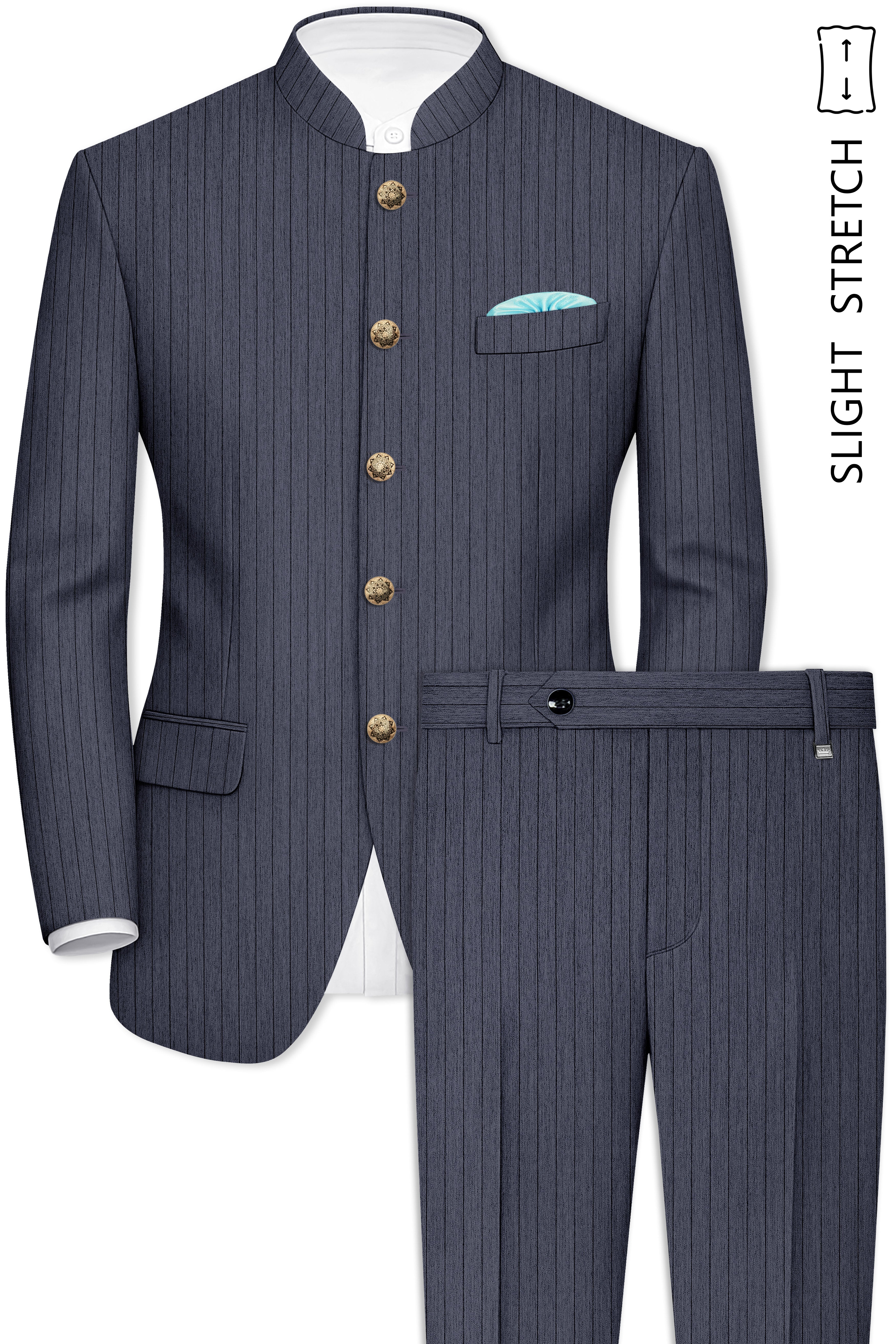 Azurion-Ninja Blue Pin Striped Wool Rich Slight Stretch Bandhgala Suit